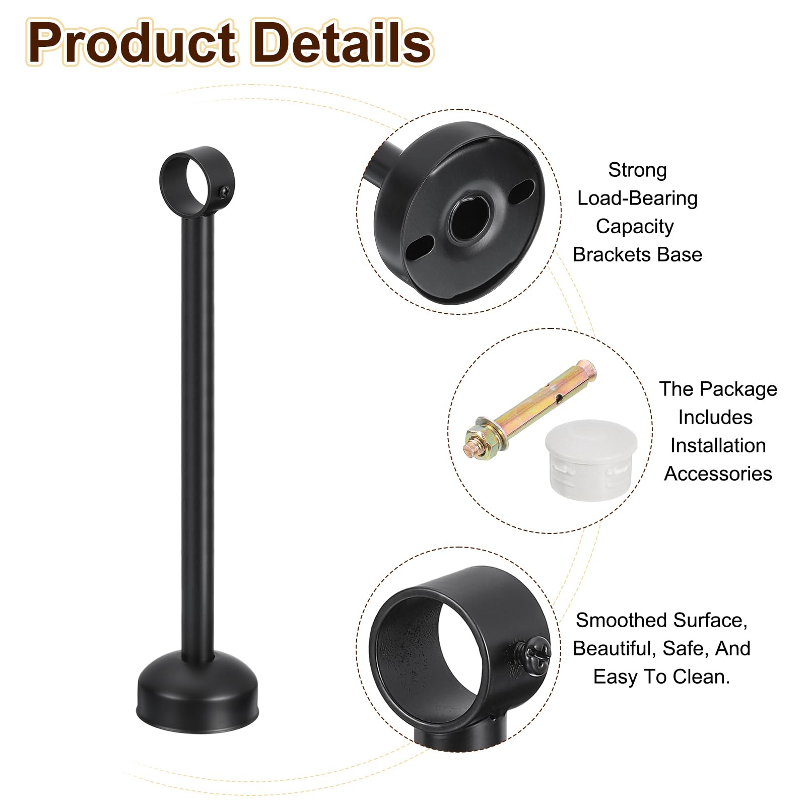 QUARKZMAN Lot 4 Supports Tringle Rideaux pour Montage Au Plafond, Compatibles Tubes 32 Mm (1,26") Et 350 Mm (13,78"), Acier Inoxydable, pour Murs, Armoires, Rideaux, Noir