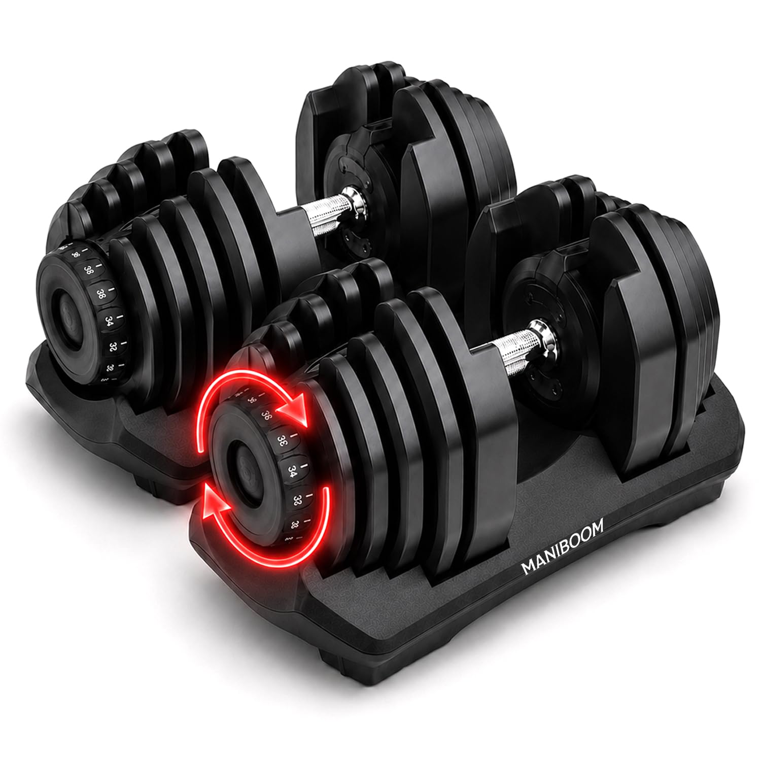 ManiBoom Mancuernas Ajustables, Mancuernas Regulables (2-24kg o 5-40kg), Pesas Ajustables con Discos de Acero Reforzado, Cambio de Peso en 1 Segundo y Doble Bloqueo, Gimnasio en Casa