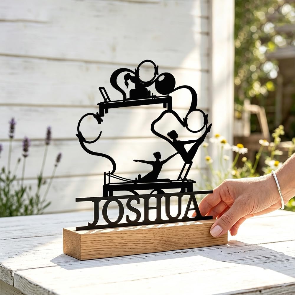 Personalized Pilates Studio Metal Desktop Ornament Stylish Modern Art Decor with Wooden Base Elegant Fitness Gift for Yoga Lovers Home Office Desk Decor image 5