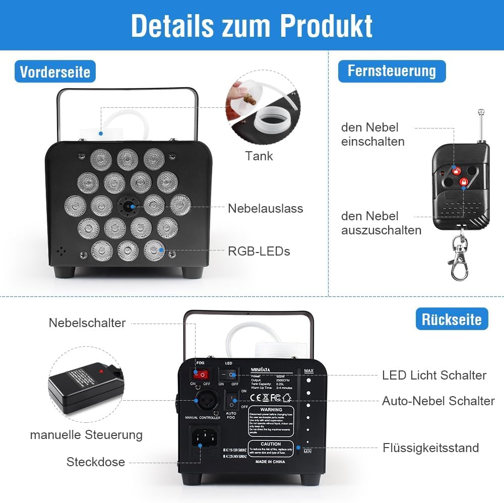 MOSFiATA Macchina del fumo 600W Potente, Generatore di fumo portatile con LED RGB 18 colori, Telecomando incluso – Ideale per feste, discoteche, serate, Halloween, matrimoni ed eventi