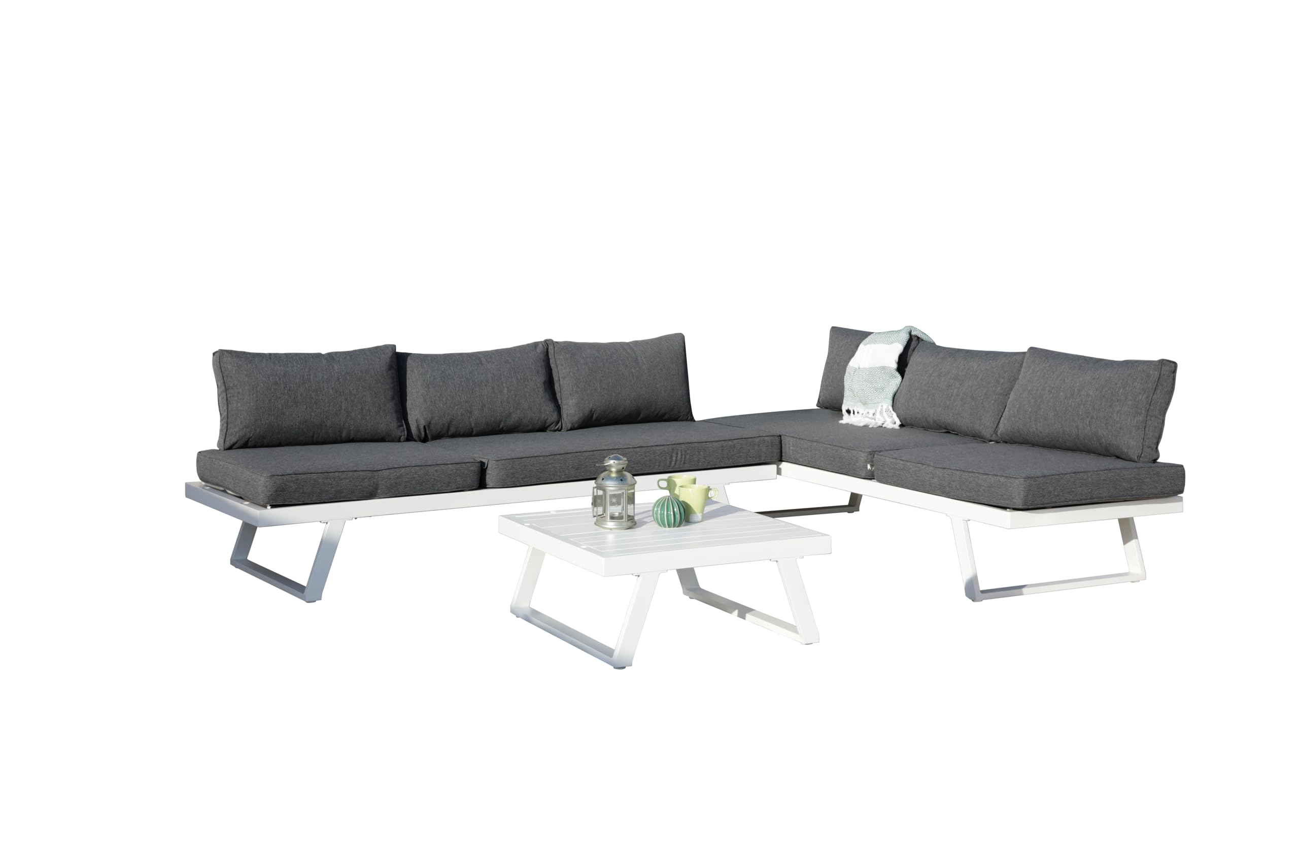 MOMMAHOME Conjunto Muebles de Jardín de exterior, Rinconera Convertible Multifunción Aluminio Blanco, Muebles para terraza/Exterior, Set de Aluminio con mesa de centro, Cojines tejido Gris | VALENCIA