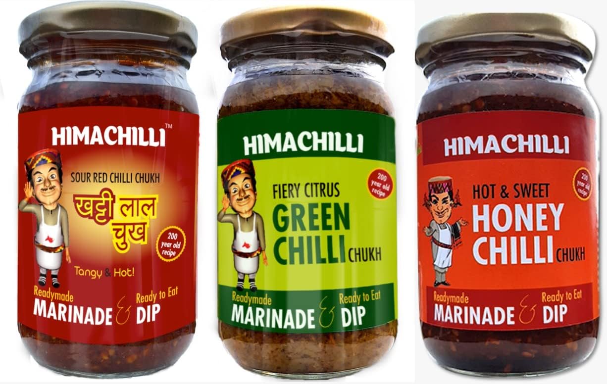 HIMACHILLI Traditional - Khattee Laal Chukh Green Chukh and Honey Chukh - Tangy Twist Hot & Spicy Chukh Different Flavors - Pack of 3, (Each Bottle 200gm)