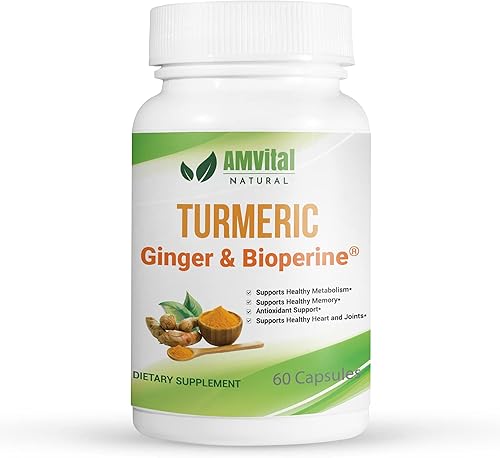 AMVital Curcumina de cúrcuma y jengibre con cápsulas de bioperina 60 unidades 1 paquete Cápsulas de cúrcuma de alta absorción jengibre y pimienta