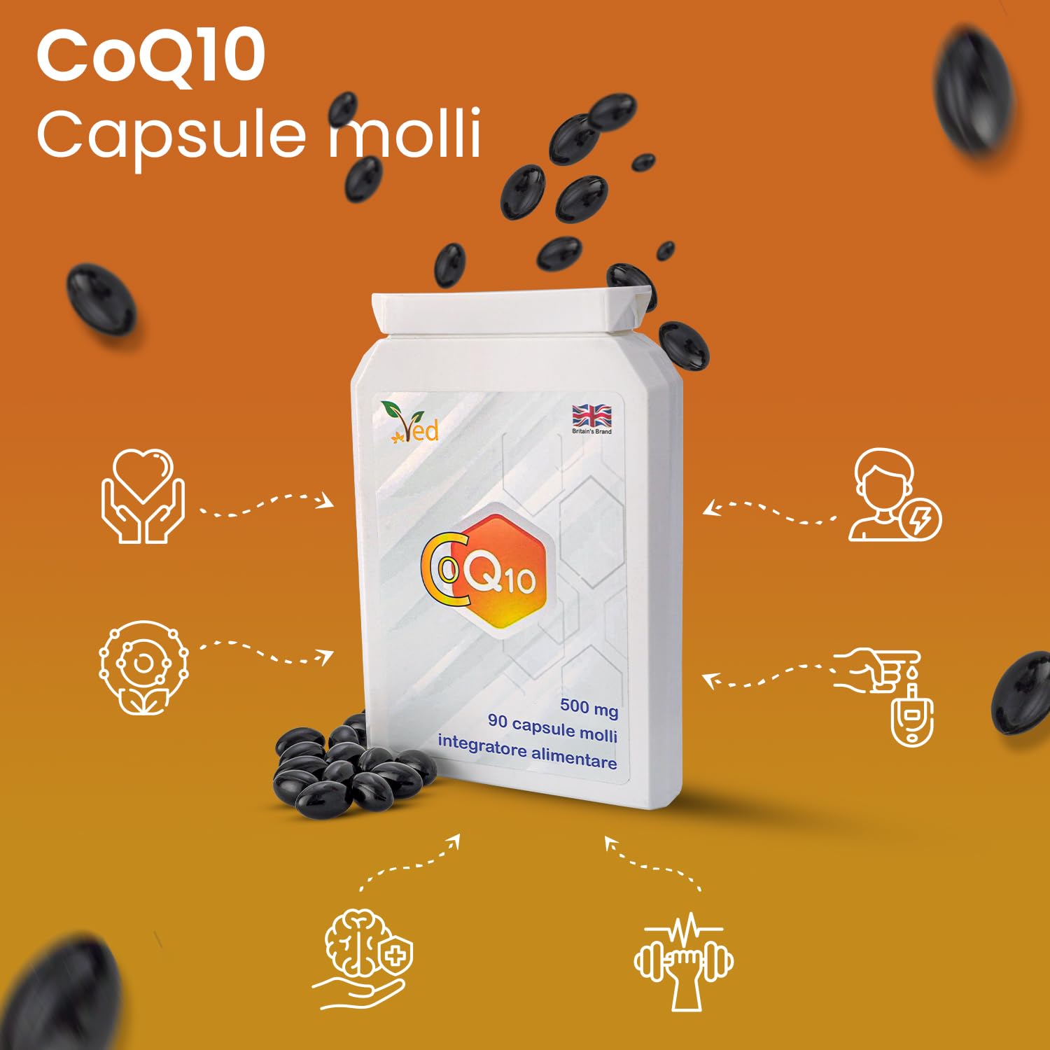 CoQ10 500 mg | Coenzima Q10 | Massima forza | Coenzima Ubichinone fermentato naturalmente | Formula naturale superiore | 500mg 90 Softgel di VED