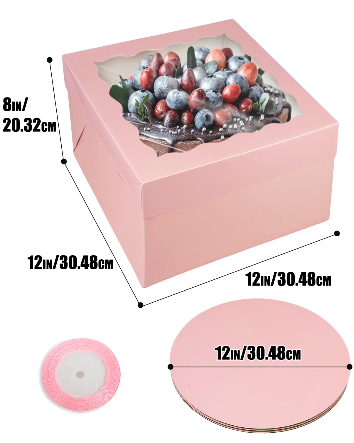 Bakepacker 36 cajas para tartas con ventana, 18 cajas rosas para tartas de 12 x 12 x 8 pulgadas (18 cajas para tartas + 18 tablas para tartas incluidas)