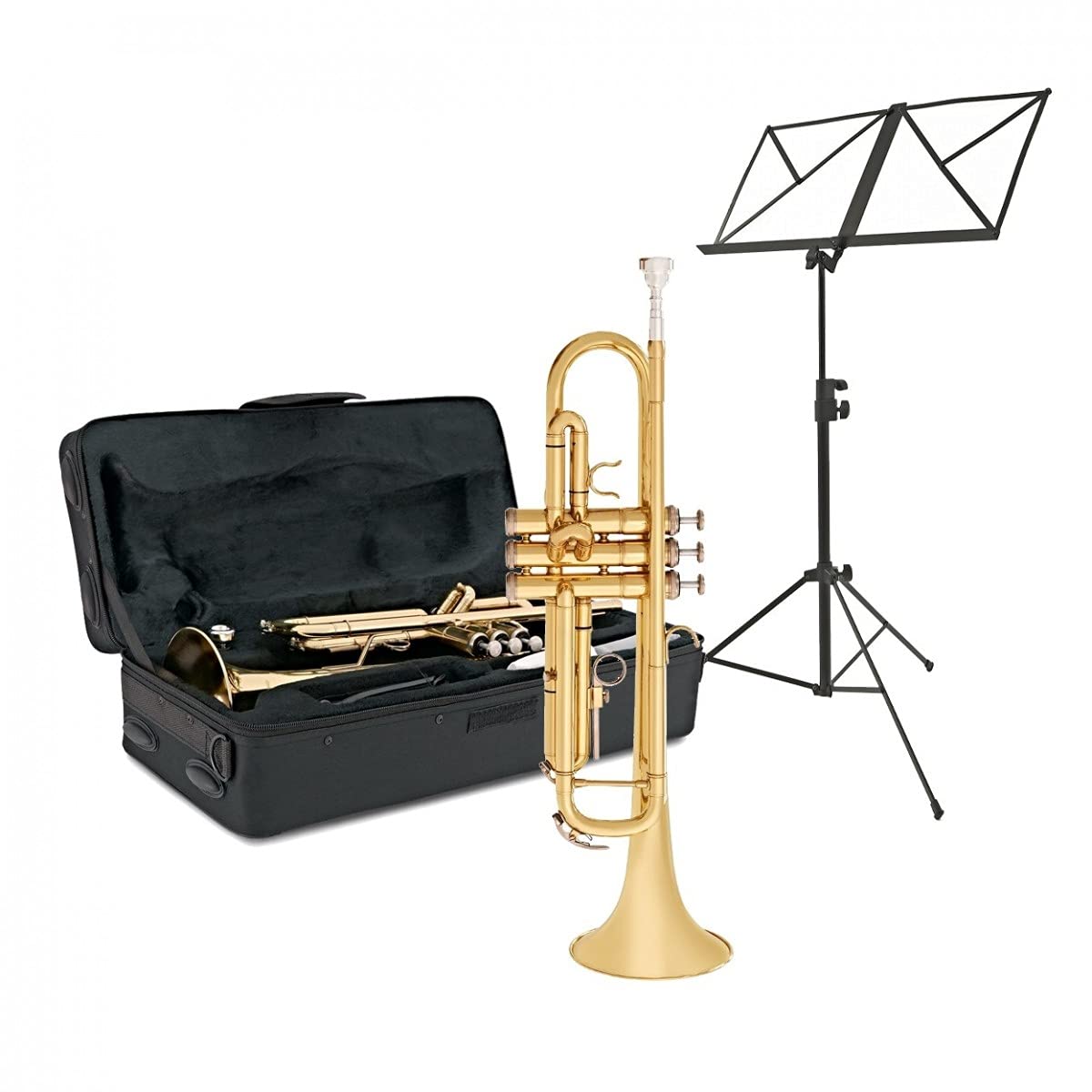 Trompeten-Starterpaket von Gear4music, Gold mit Etui und Notenständer | Vernickeltes 7C-Mundstück für Anfänger, Korrosionsbeständige Edelstahlventile, Mittel-Weite Bohrung, Koffer Inklusive