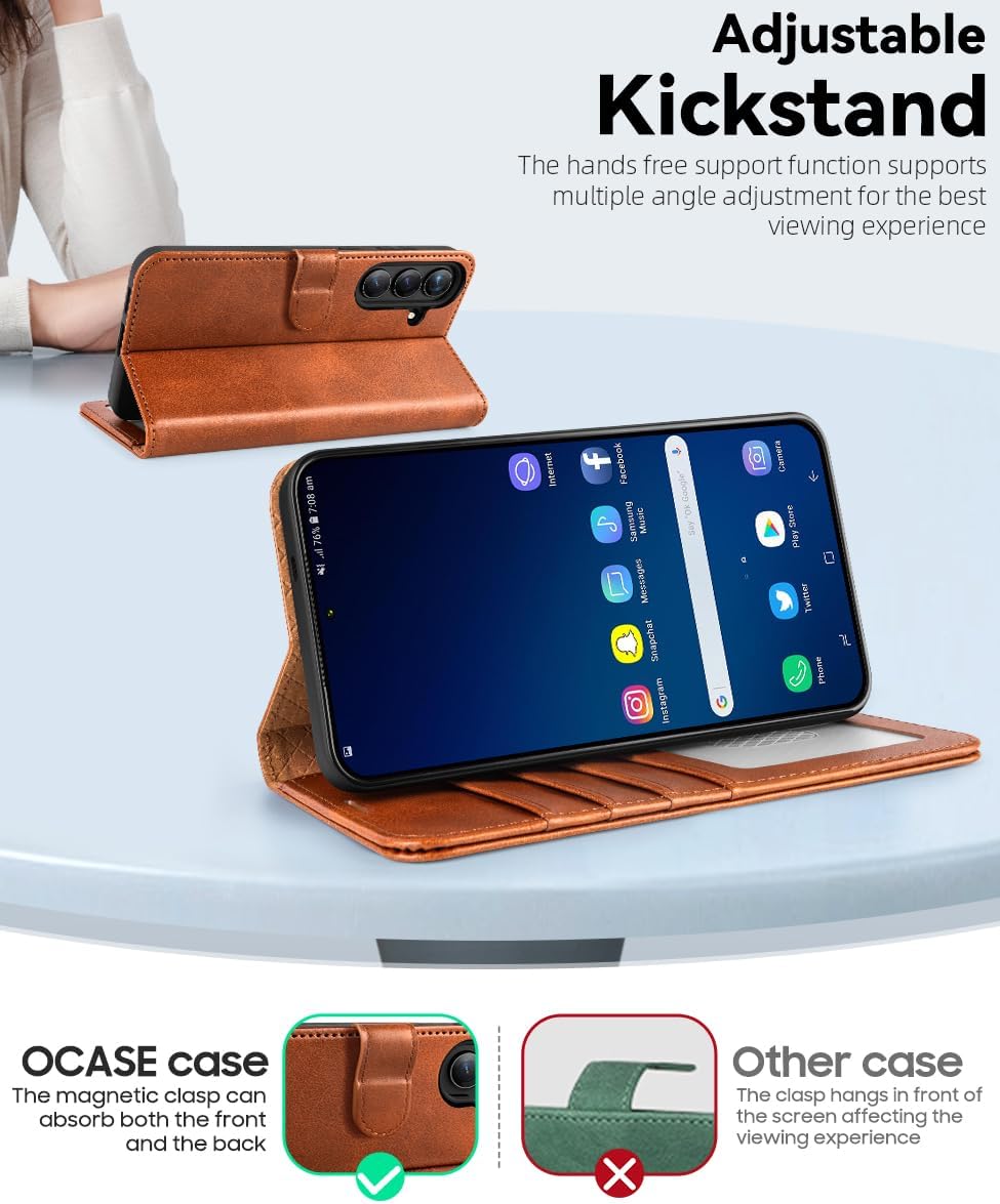 OCASE Compatible with Galaxy S25 FE Wallet Case, PU Leather Flip Folio Case with Card Holders RFID Blocking Kickstand [Shockproof TPU Inner Shell] Protective Phone Cover 2025, Brown