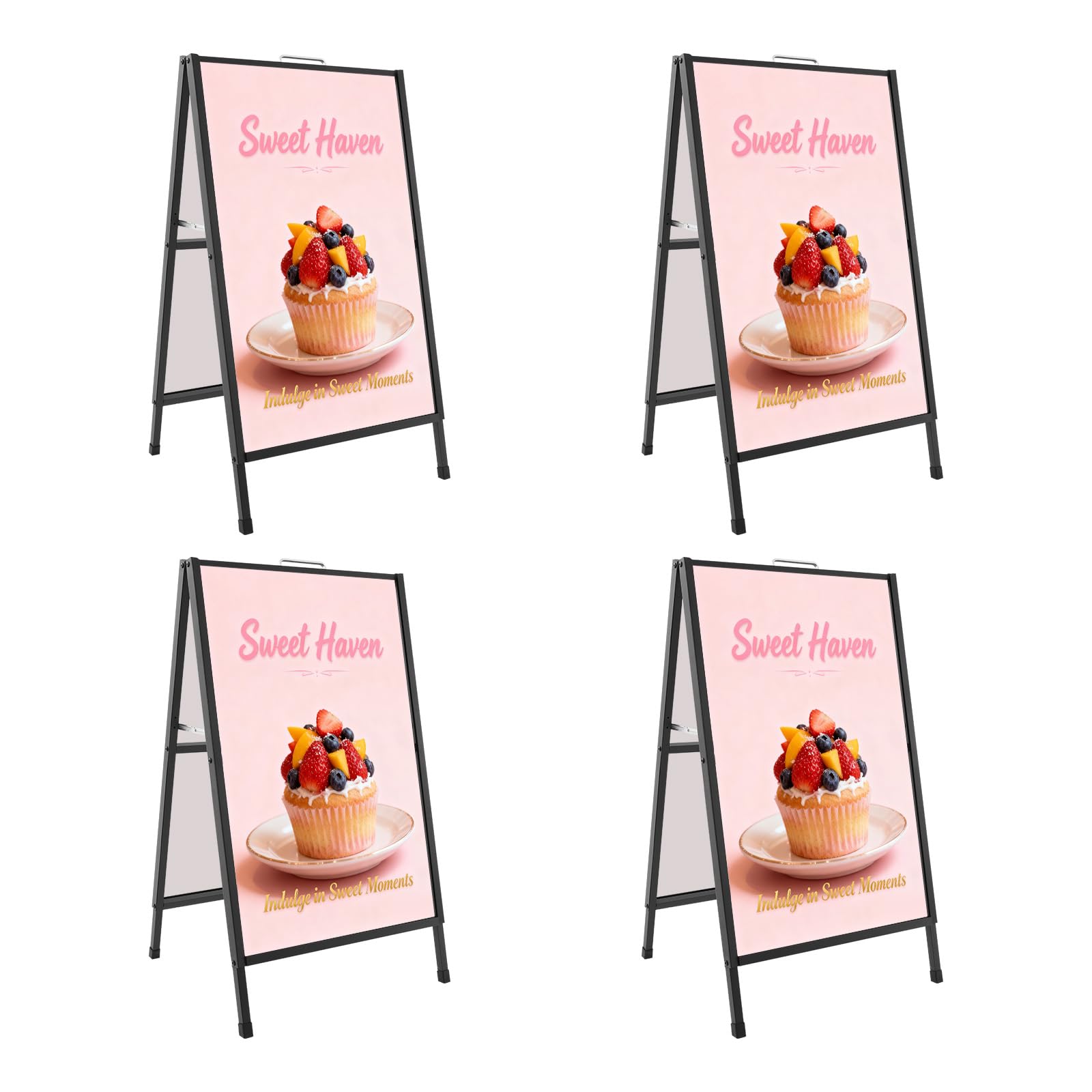Portacarteles de doble cara en forma de A de hierro y tubo galvanizado, resistente, negro, 4 unidades, para carteles publicitarios de hasta 60 x 90 cm, ideal para tiendas, exposiciones, eventos y