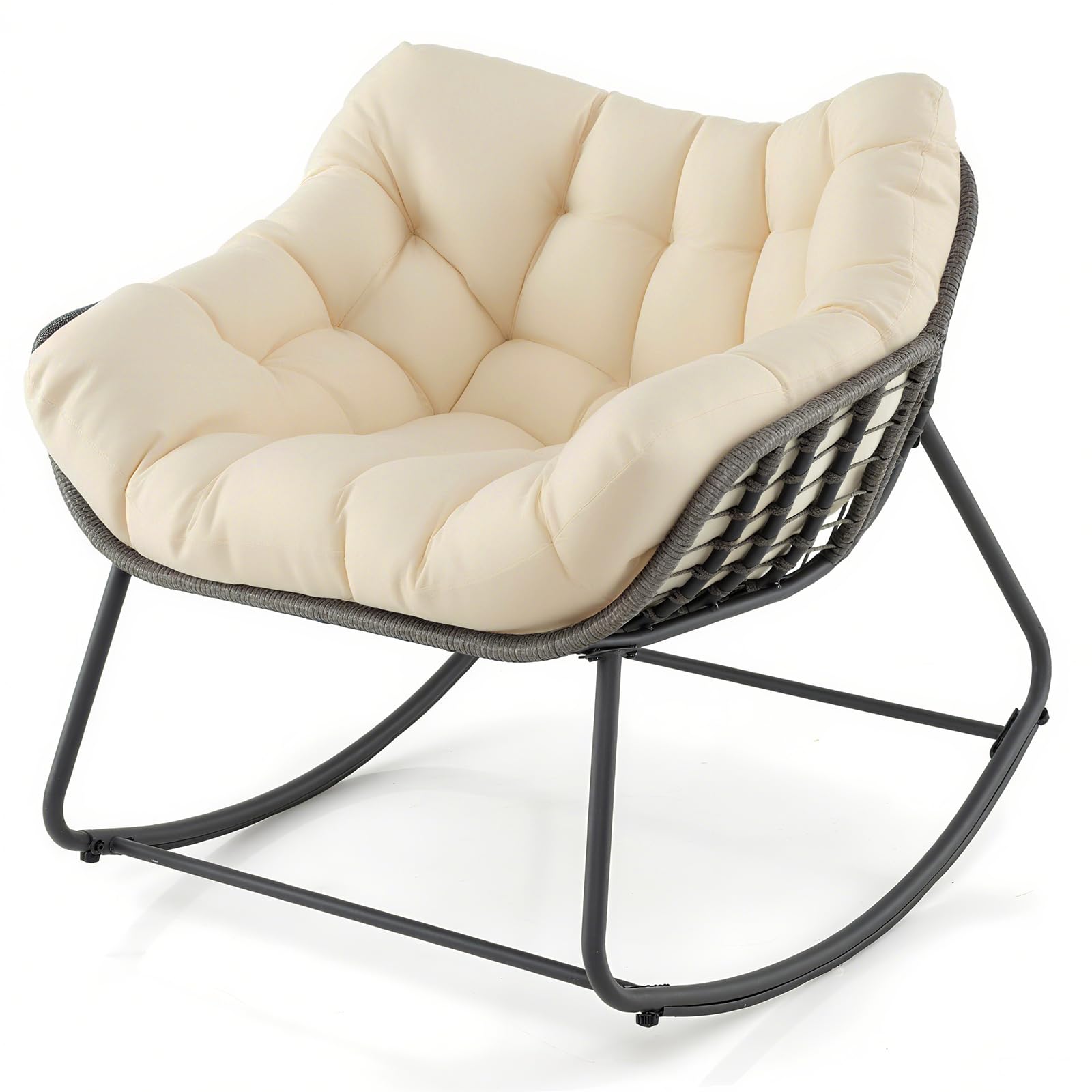 LIFEZEAL Fauteuil à Bascule de Jardin, en rotin, avec Coussin rembourré, Fauteuil de Lecture pour Balcon, véranda, Salon et terrasse (Beige)