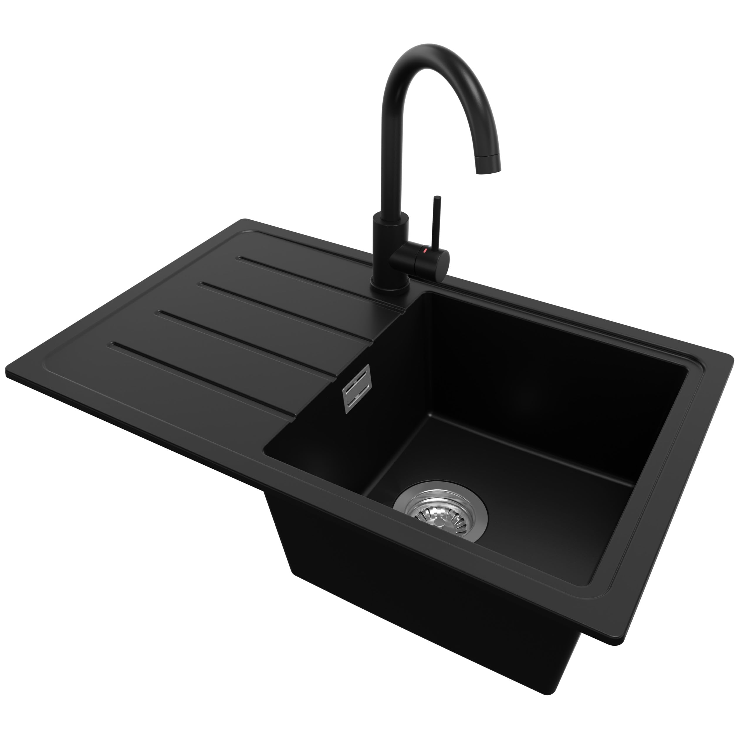 PRIMAGRAN Evier Cuisine en Granit Noir 70x44cm, Lavabo 1 bac + Robinet 32x20cm + Kit de Vidage, Évier à Encastrer au Meuble 45cm - Copenhague Easy S045