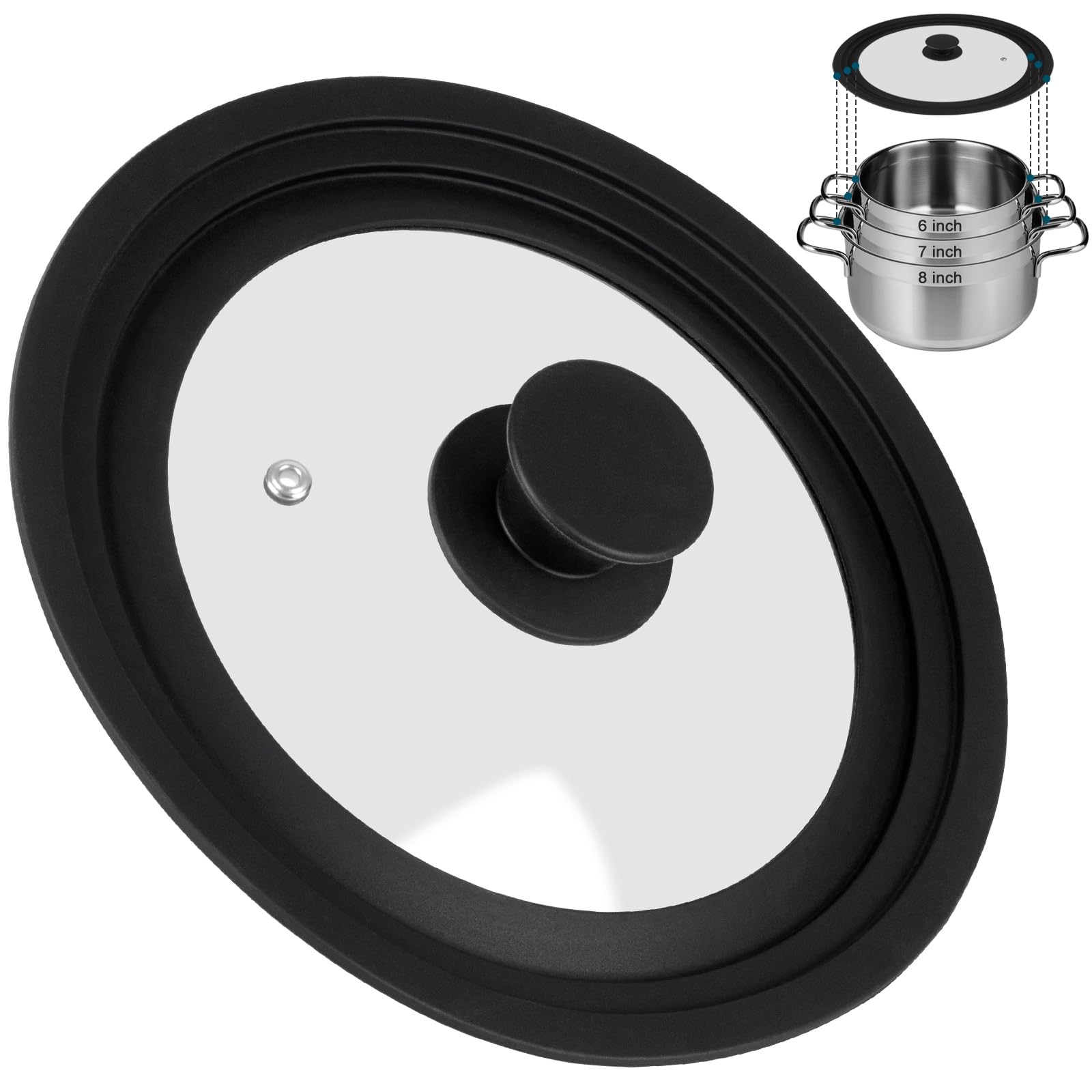 Universal Silicone Lid for Frying Pans Pots and Skillets, Tempered Glass Pan Lid with Heat Resistant Silicone Rim