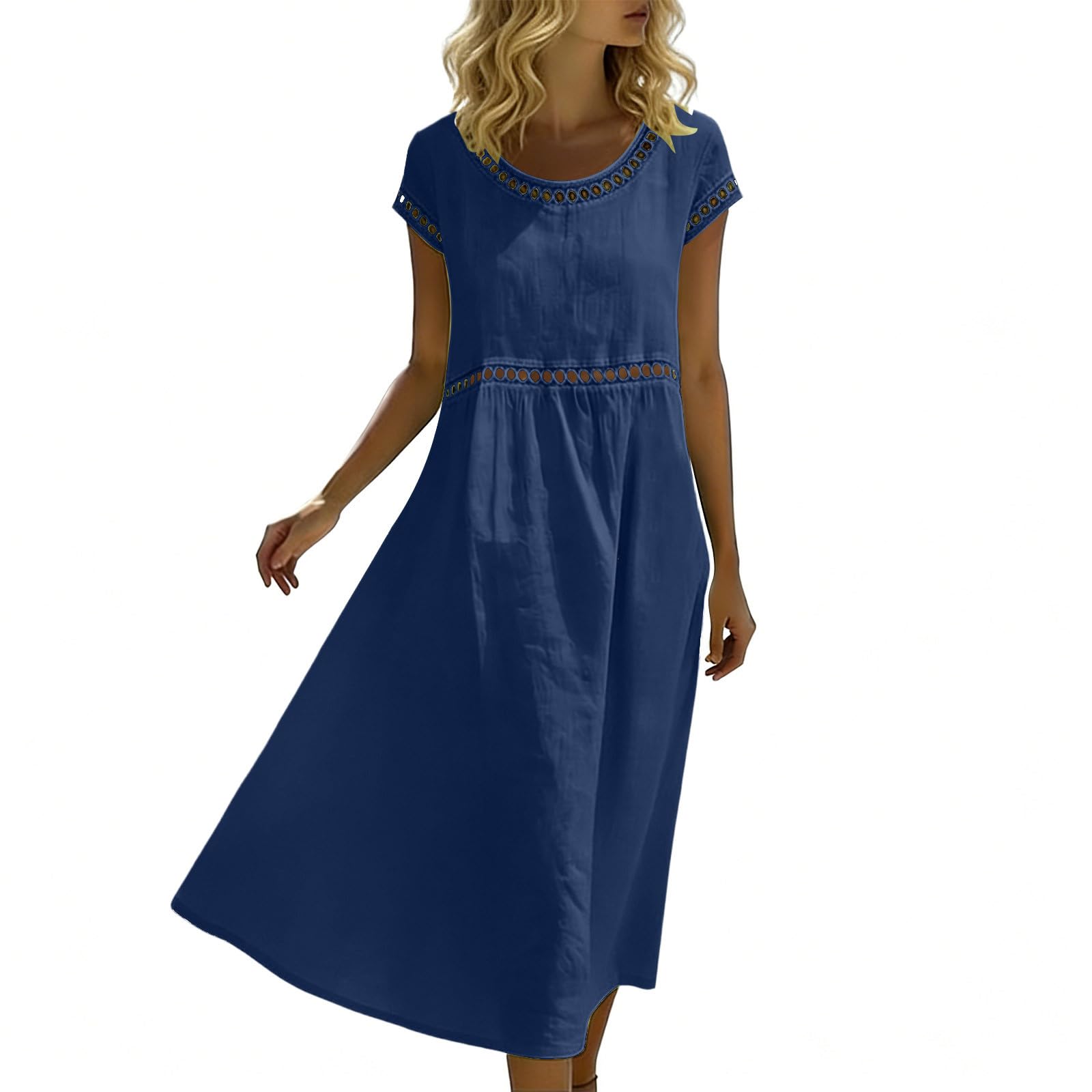 Générique Robe Femme Chic D'Été en Lin Coton Robe Ajourée Respirant Manches Courtes Col Rond Robes Tunique Decontractée Casual Dress Droite Robes de Soiree Plage Confort Léger Dress