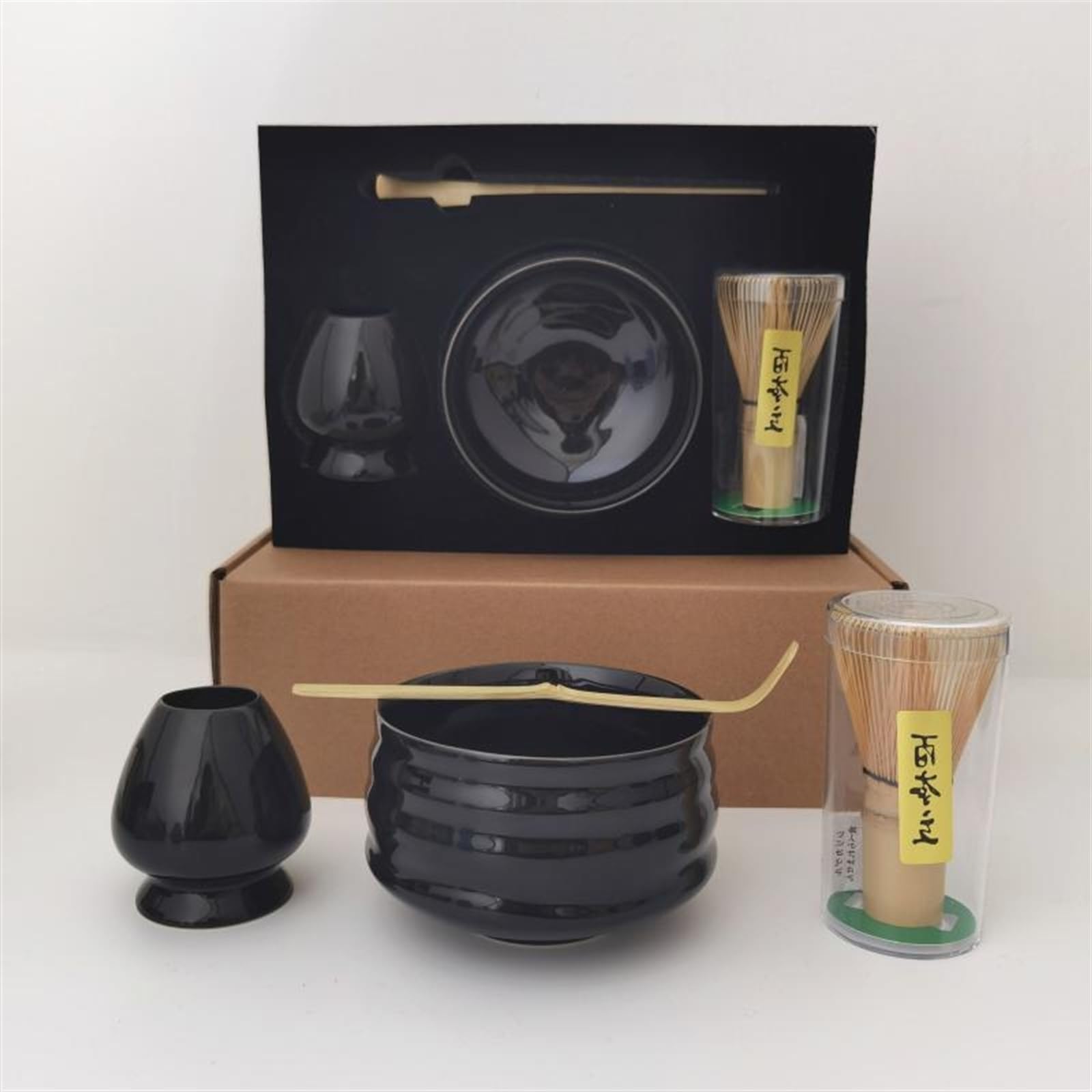 Ensemble de 4 Pièces Thé Traditionnel Japonais Accessoires de Cérémonie Matcha Kit Cuillère à Café en Bambou Cuillere Matcha(Noir)