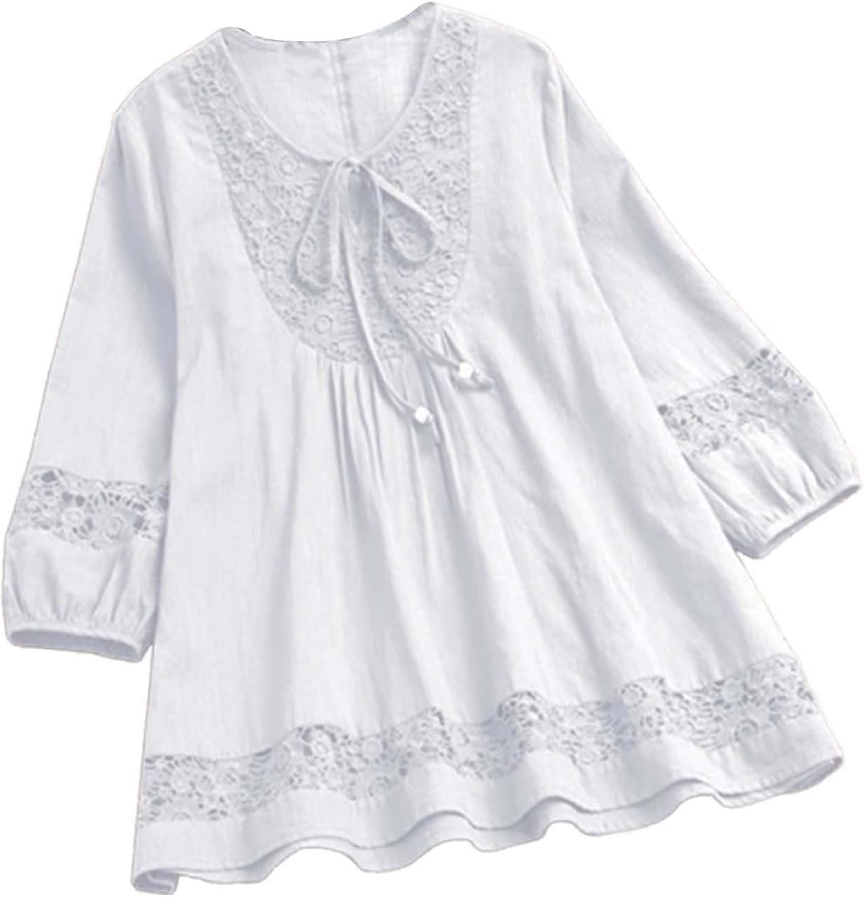 Blouses for Women UK Elegant Hollow Lace Linen Shirt Summer Oversized T Shirts Plus Size Embroidered Flowy Hem Boho Tops V Neck 3/4 Sleeve Tunic Blouse Party Daily Going Out Clothing