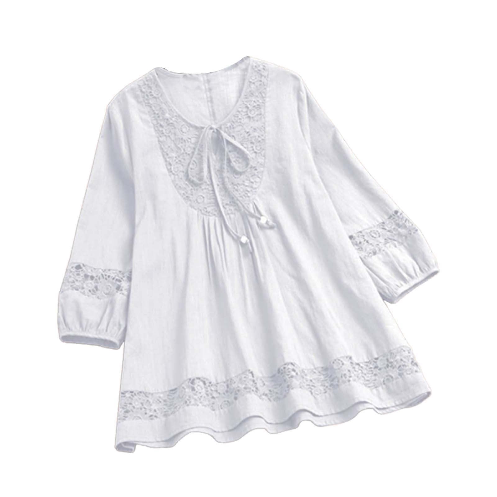 Blouses for Women UK Elegant Hollow Lace Linen Shirt Summer Oversized T Shirts Plus Size Embroidered Flowy Hem Boho Tops V Neck 3/4 Sleeve Tunic Blouse Party Daily Going Out Clothing