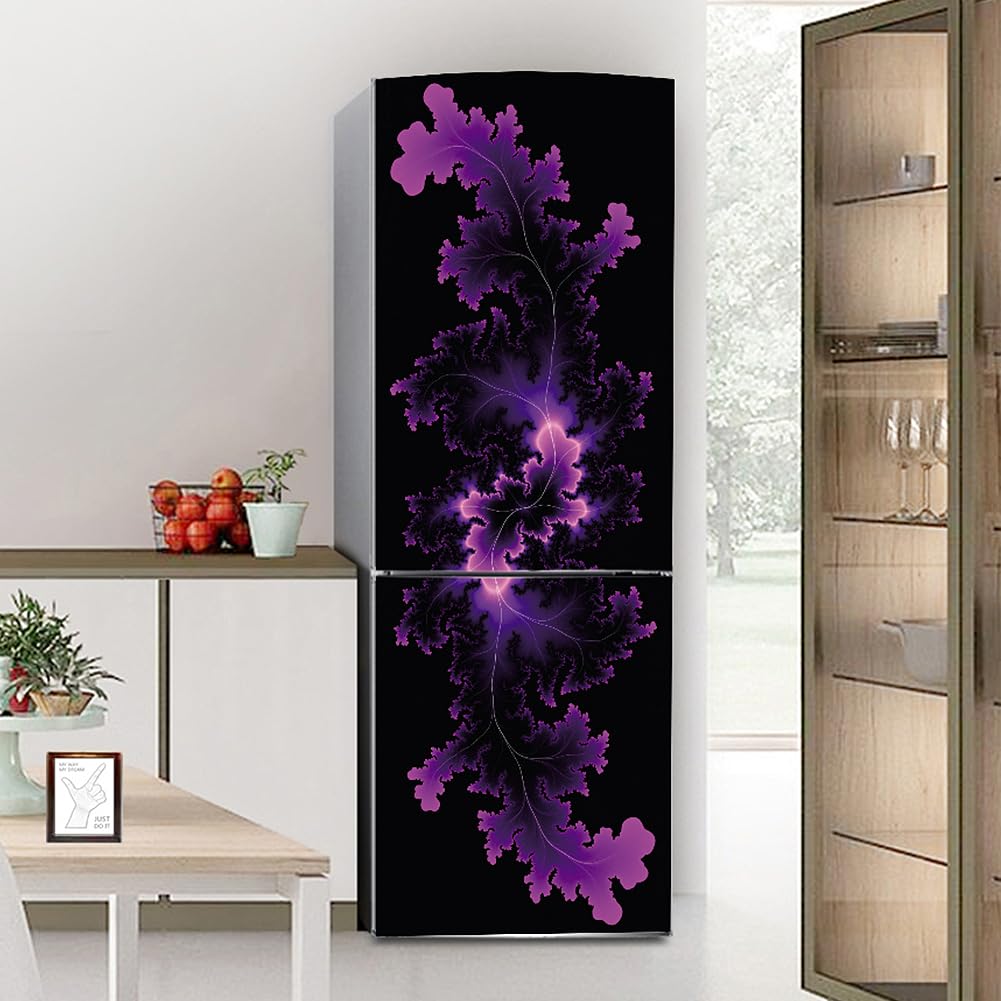 Fridge Sticker, Fridge Sticker Full Covering Door Covers Skins Wall Stickers for Kitchen Decal, Purple Flower Leaves(S: 60x150 cm)