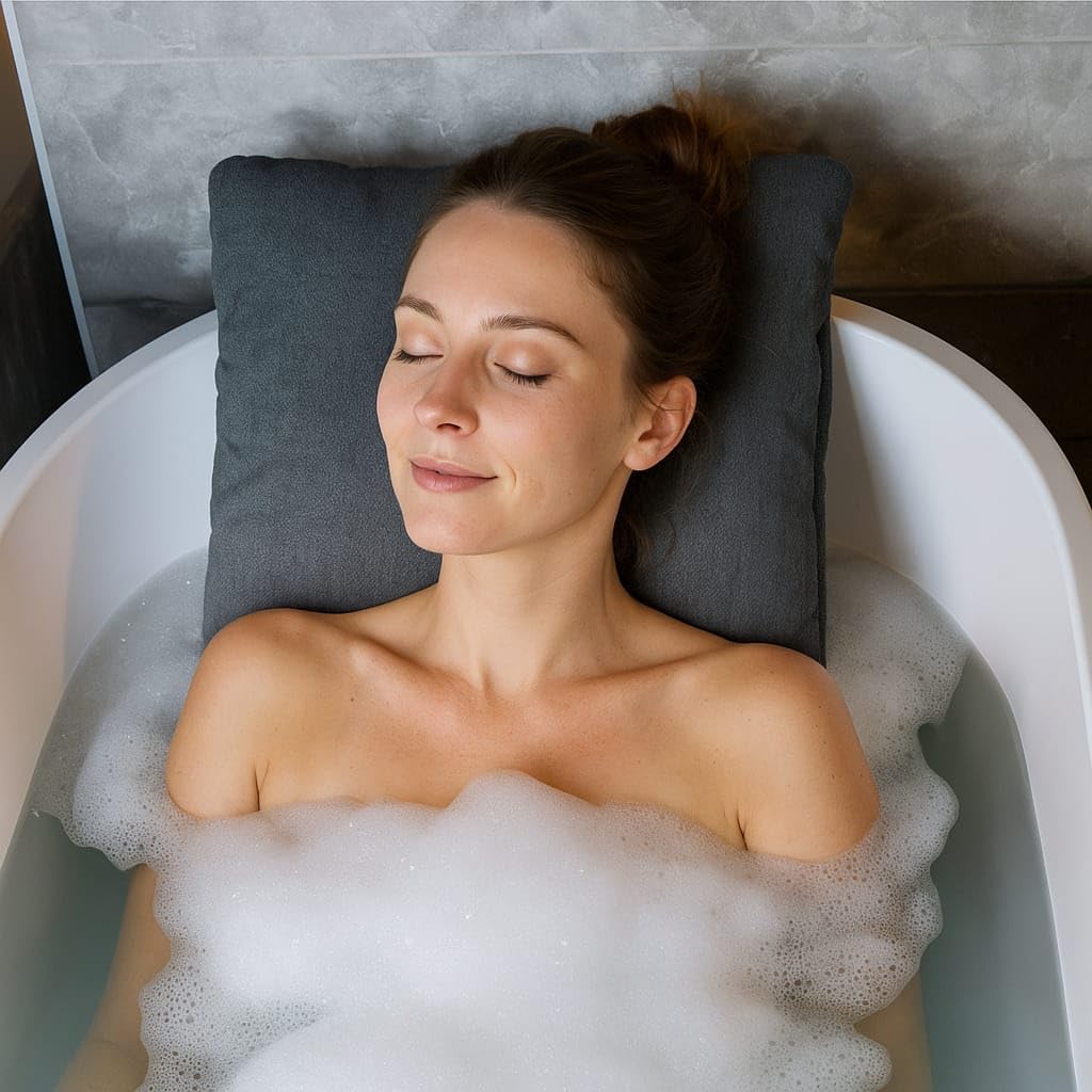 Badewannen Kissen Made in EU - grau 60 x 40 cm - schnell trocknendes Premium Badewannenkissen mit ergonomischer Kopfstütze Wanne für Kopf Nacken Rücken Ganzkörper