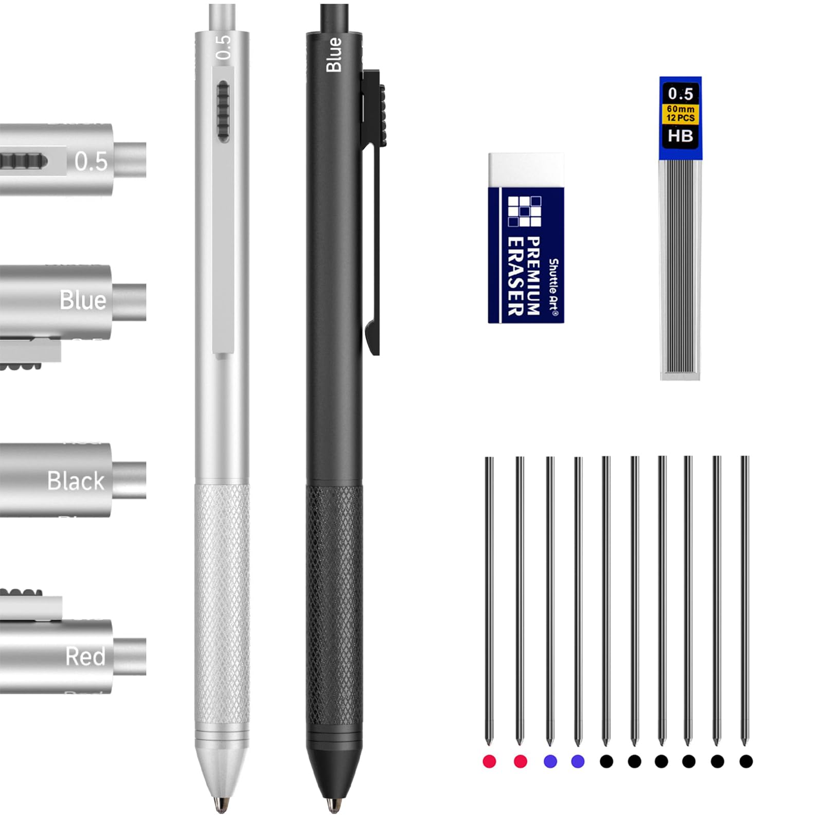 Shuttle Art 4 In 1 Multicolor Pen, 2 Pack Retractable Ballpoint Pens With 1.0Mm Black Blue Red Ink And 0.5Mm Mechanical Pencil, Multifunction Pens Gift Set For Writing Note Taking School Office Home