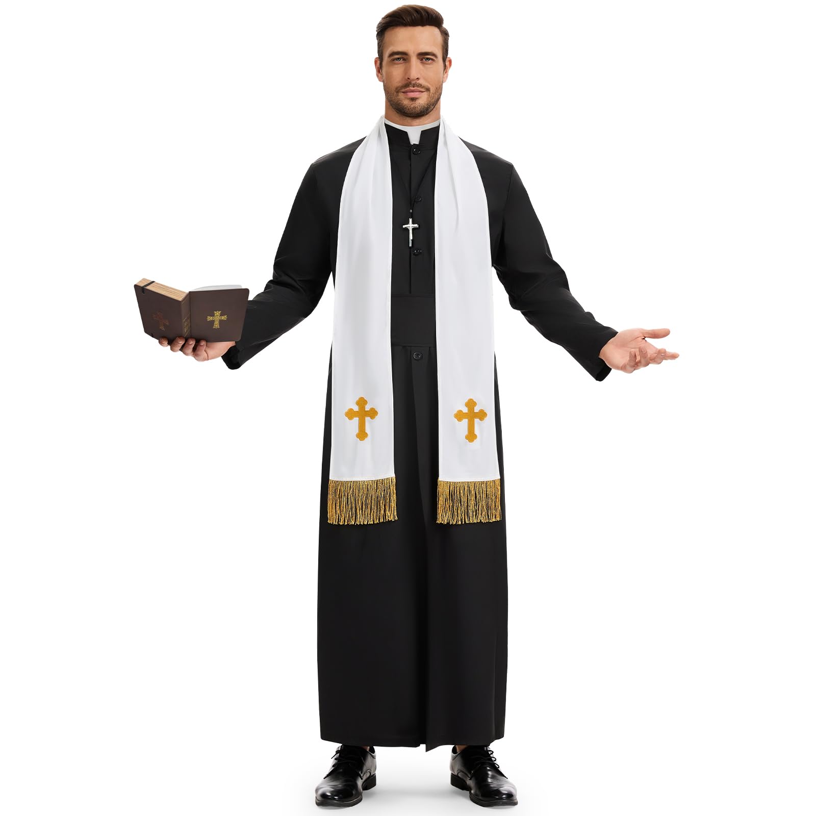 BuzzoXerex Disfraz Cura Hombre, Disfraz Halloween Hombre Adulto, Disfraz de Cura Hombre con Estola, Cadena con Cruz, Cinturón y Caja para Guardar la Biblia para Halloween Carnaval Cosplay