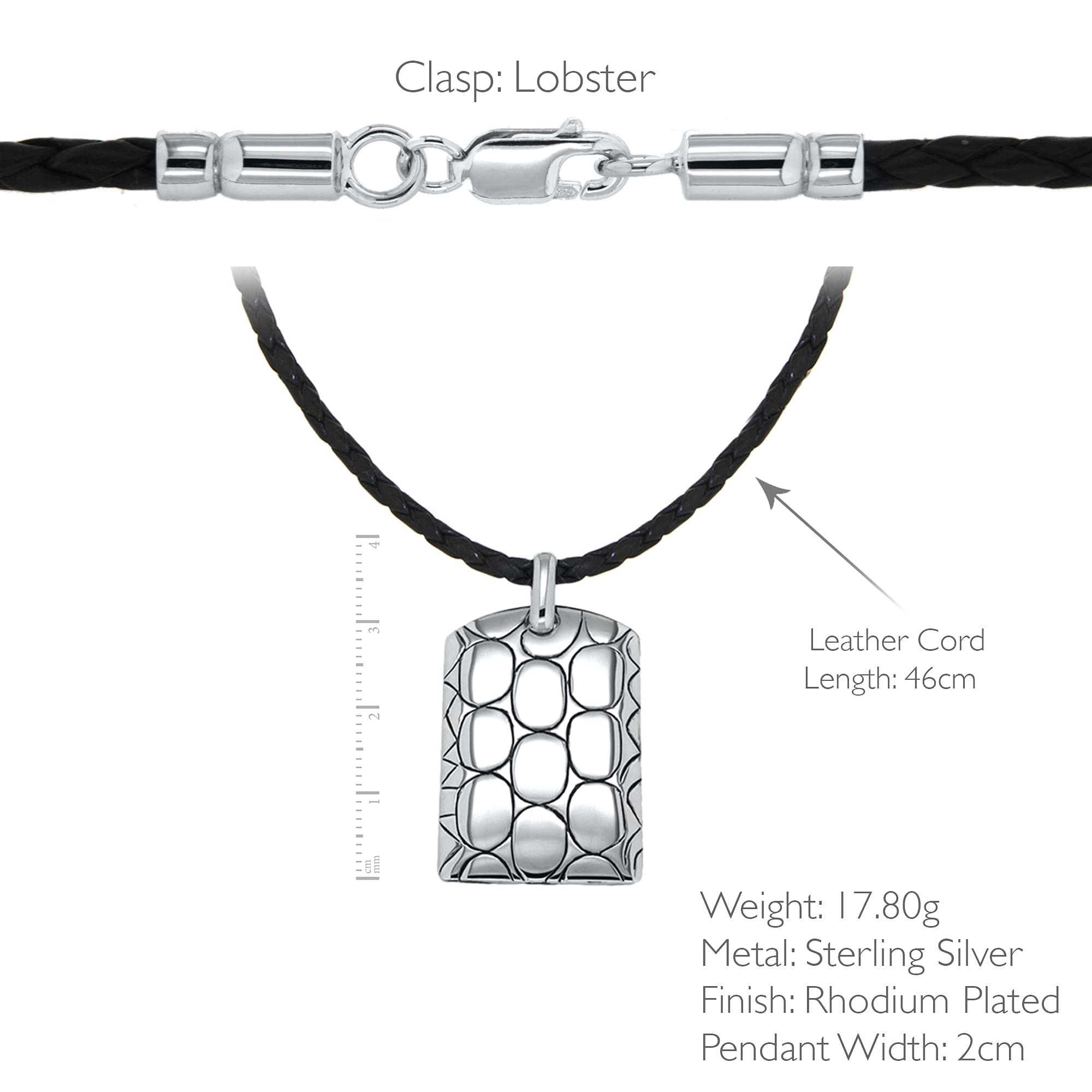 Tuscany Silver Collana da Uomo in Argento Sterling Placcata Rodio con Piastrina Stile Bali su Cordino in Pelle 46cm/18