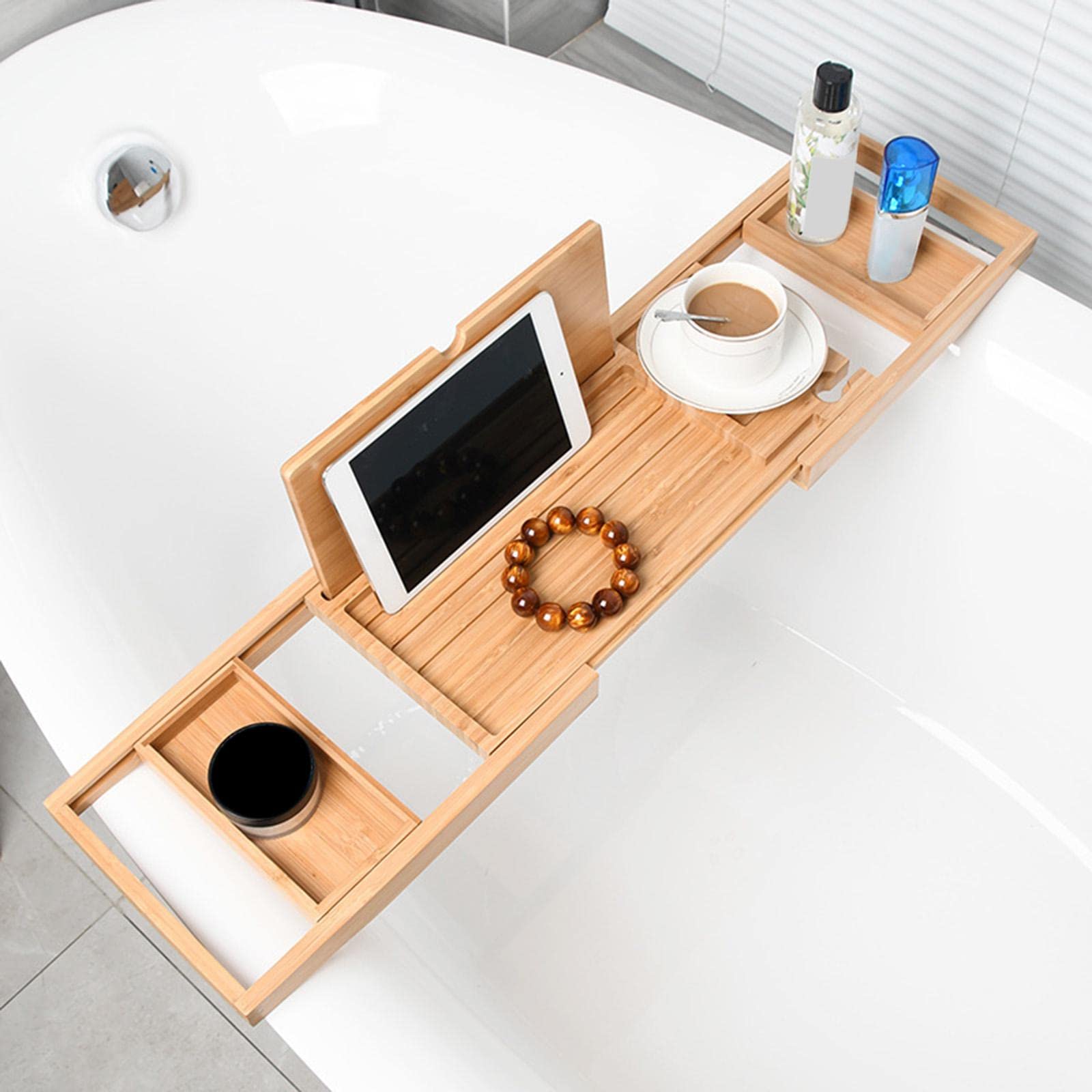 Bandeja para Bañera Extensible Mesa de Baño Organizador Soporte para Teléfono con Portavasos de Madera con Recubrimiento Antideslizante