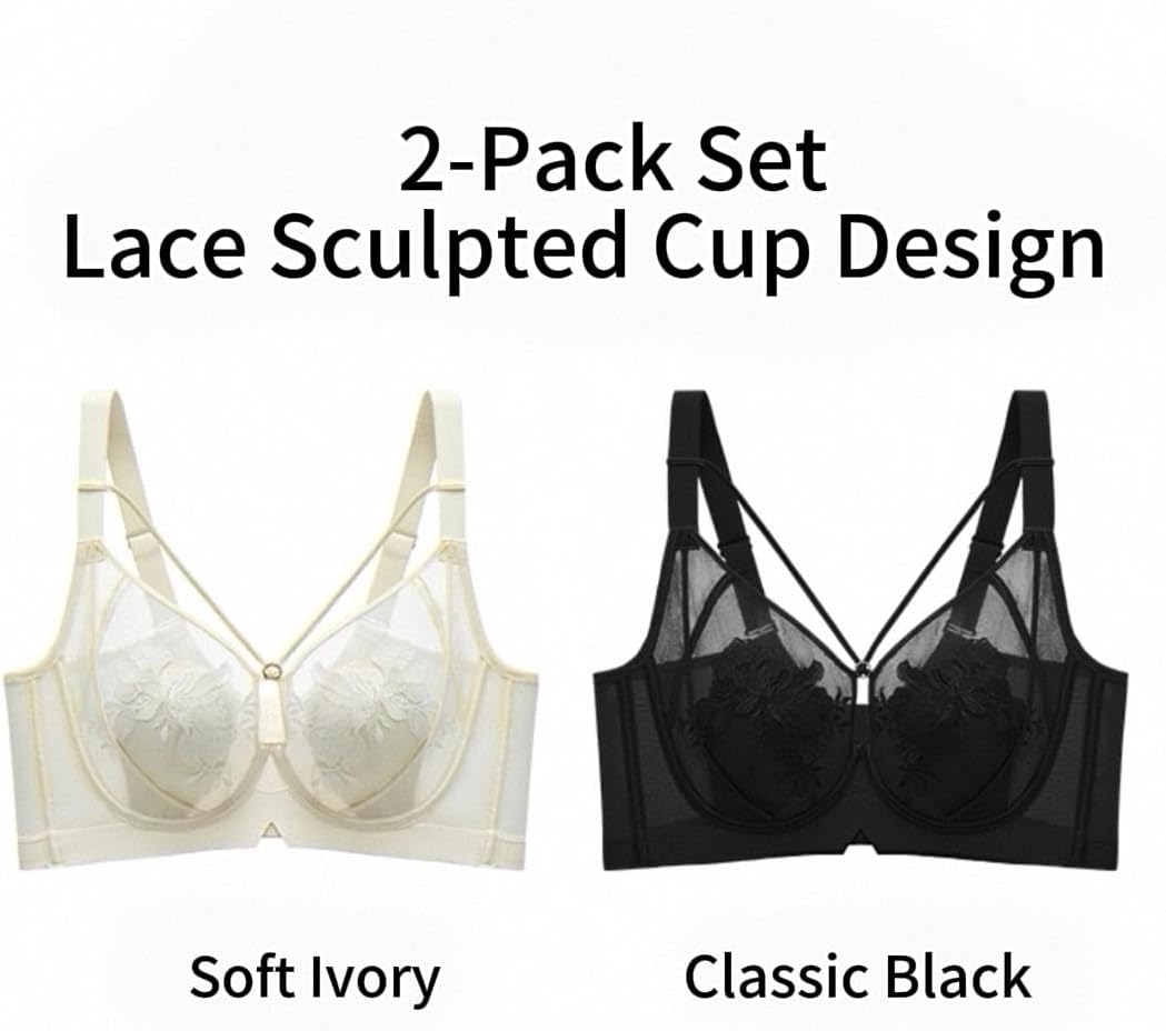 2 Pack Lace Underwire Bras for Women Full Coverage Sheer Mesh Support Bra with Side Smoothing, Lift & Non-Slip Adjustable Straps (Black & Ivory X-Large)