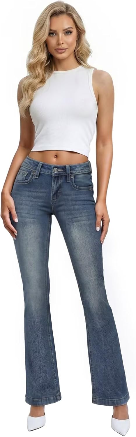 Hybrid & Company Women's Flare Mid Rise Jeans Trendy Stretchy Denim Pants with Pockets