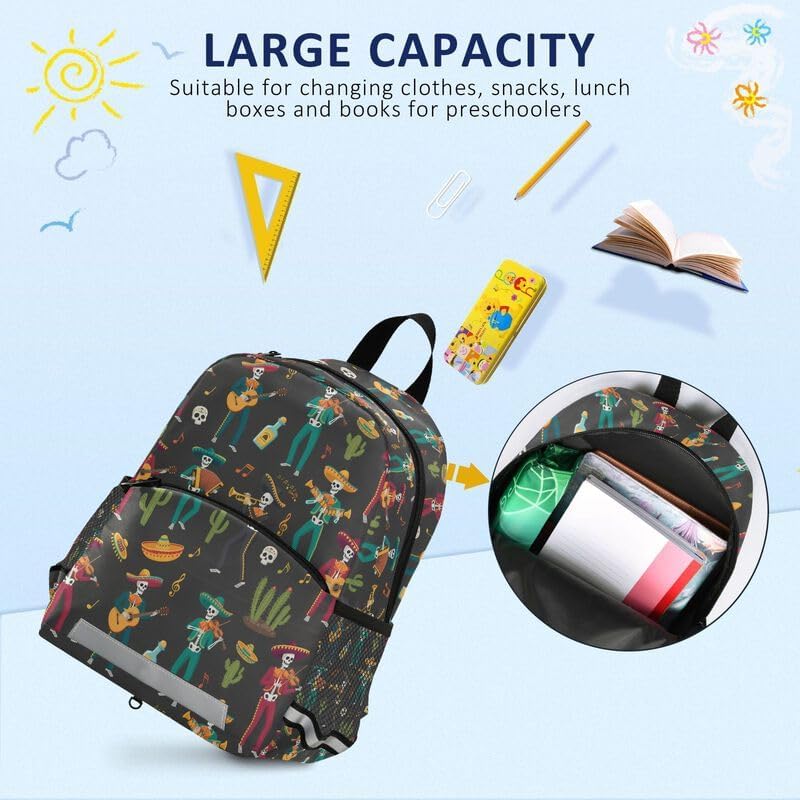 QUGRL Mexican Skeletons Toddler Backpack for Boys Girls Day Of The Dead Kids School Backpack with Chest Strap Leash Preschool Schoolbag Nursery Kindergarten Bag for Daycare Travel Hiking School