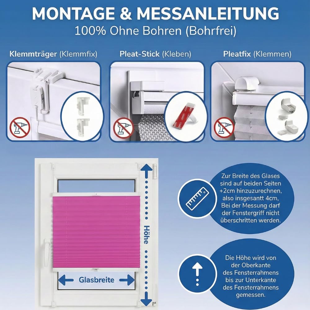 Plissee nach Maß ohne Bohren Breite 120-160 cm Höhe 120-219 cm Plisseerollo mit Klemmträger 31 Farben & 9 Profilfarben 6 Stofftypen für Sichtschutz Thermo &Verdunklung