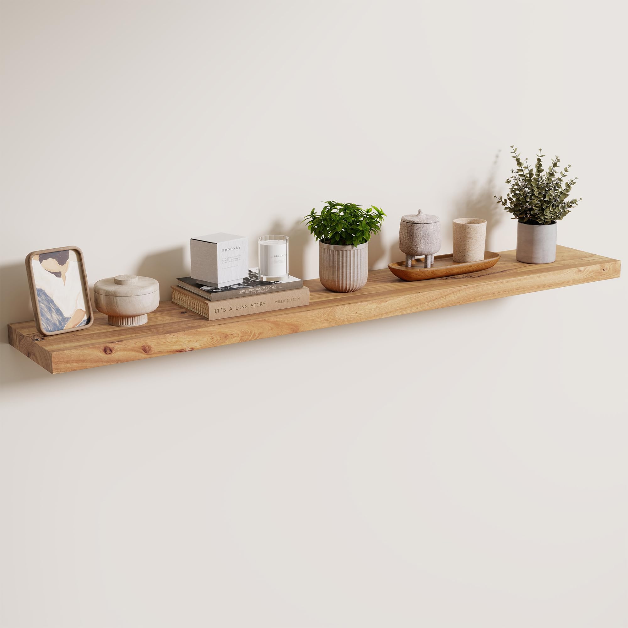 Axeman Rustic Elm Wood Floating Shelves for Wall, 48'' x 8" Deep Wall Shelf with Invisible Bracket, Large Long Wall Mounted Storage Shelves for Living