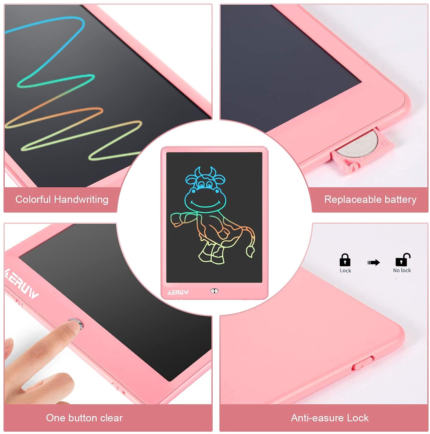 LCD Writing Tablet Colorful 10 Inch Electronic Graphics Doodle Board eWriter Drawing Pad with Memory Lock Gift for Kids & Adults Home School Office Handwriting Tablet -Pink — view 3
