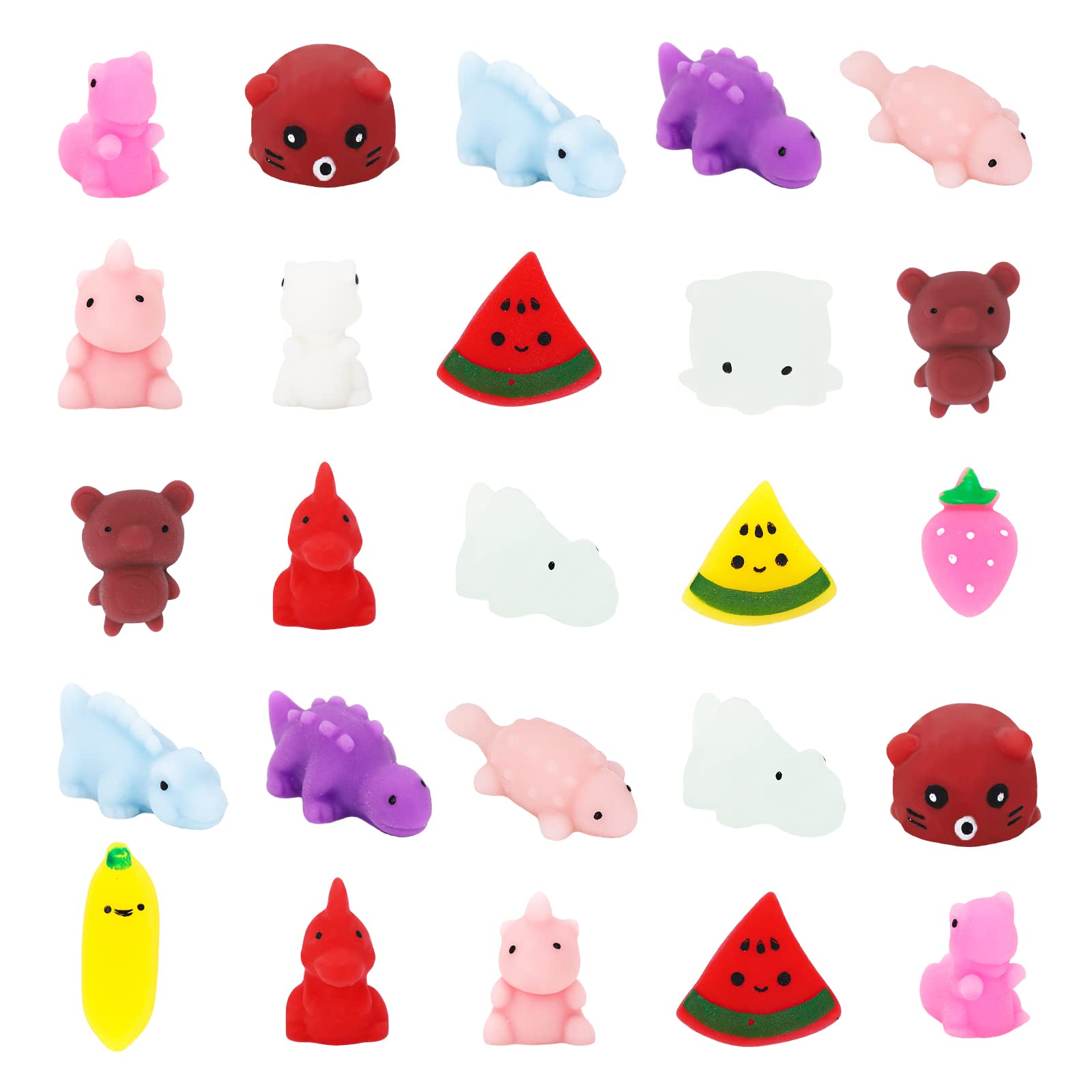 Gukasxi 25 Pcs Mochi Squishy Toys, Mini Kawaii Animal Fruit Squishies Soft Fidget Toys Soft Stress Squeeze Toys Squishy Party Bag Fillers for Kids Party Boys Girls Birthday Gifts （Random Styles）
