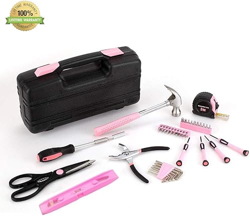 Miniatura 3 de Juego de herramientas generales de 39 piezas, kit esencial de herramientas manuales para el hogar con caja de herramientas portátil (rosa, regla de
