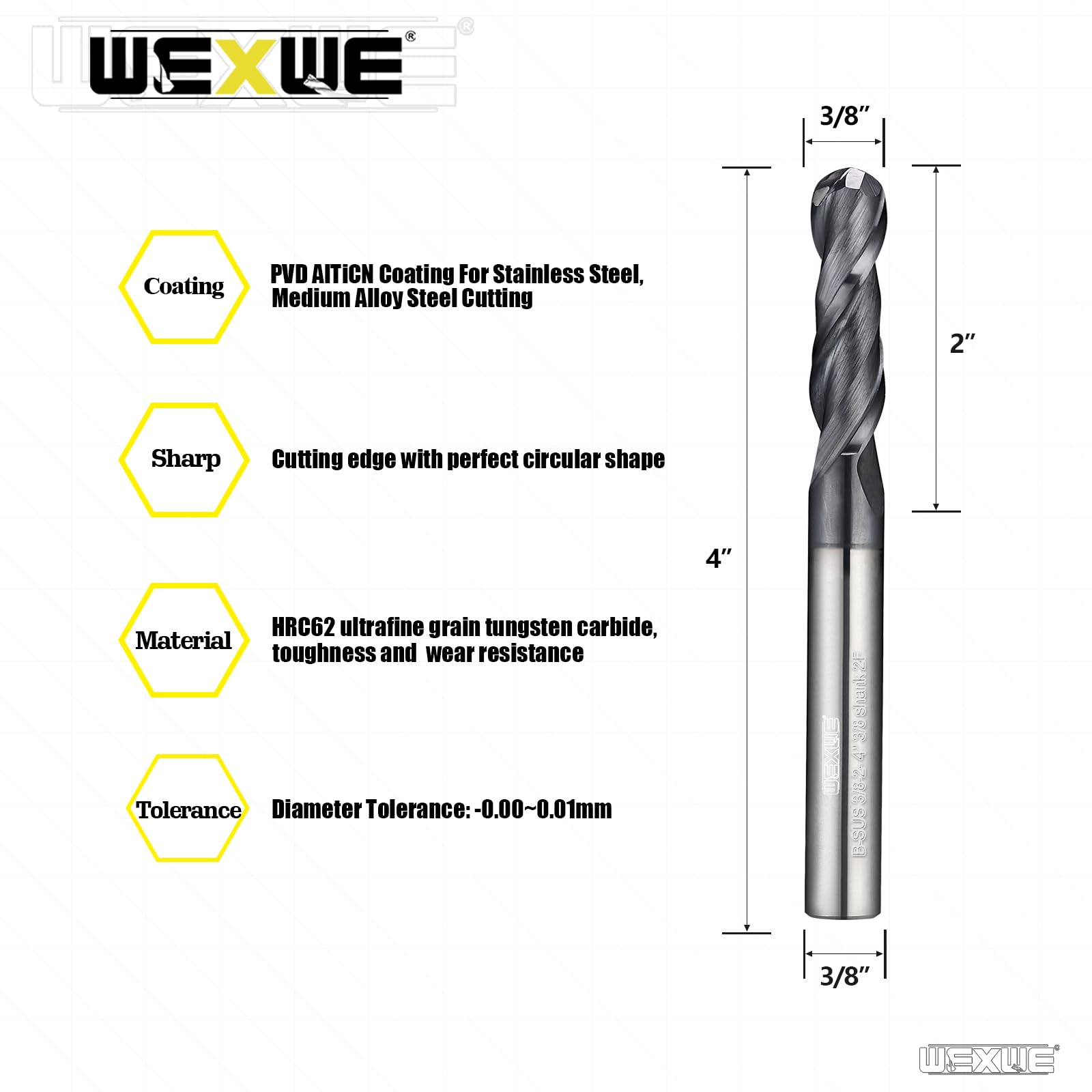 Tools Frez kulowy z węglików spiekanych do cięcia stali stopowych, z węglikiem wolframu HRC62 + powłoka AlTiN, frezy CNC o całkowitej długości 10,2 cm, końcówki