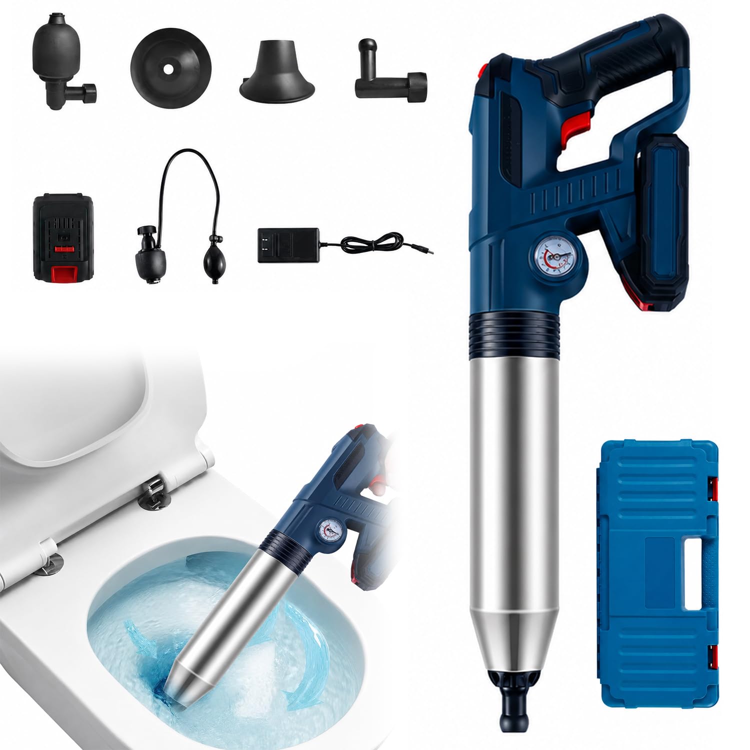 Sturalavandini Elettrico per WC da 1-6 Bar, con Display di Pressione Regolabile E Guarnizione A Palloncino, Versatile Strumento per La Rimozione di Ostruzioni negli Scarichi Domestici