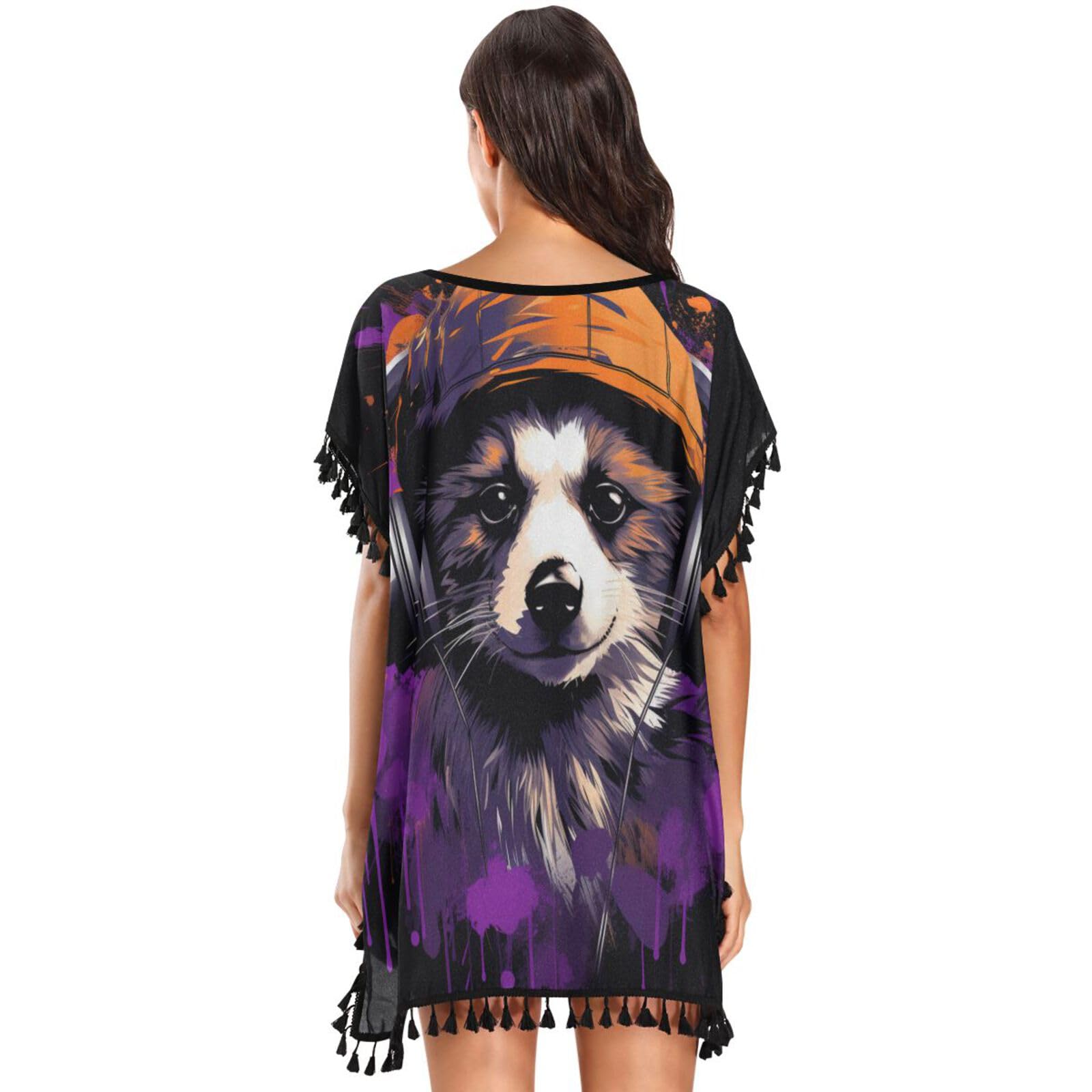 Cool Music Animal Raccoon Women's Beach Cover Up Chiffon Tassel Swimwear Swimsuit Coverups for Girl