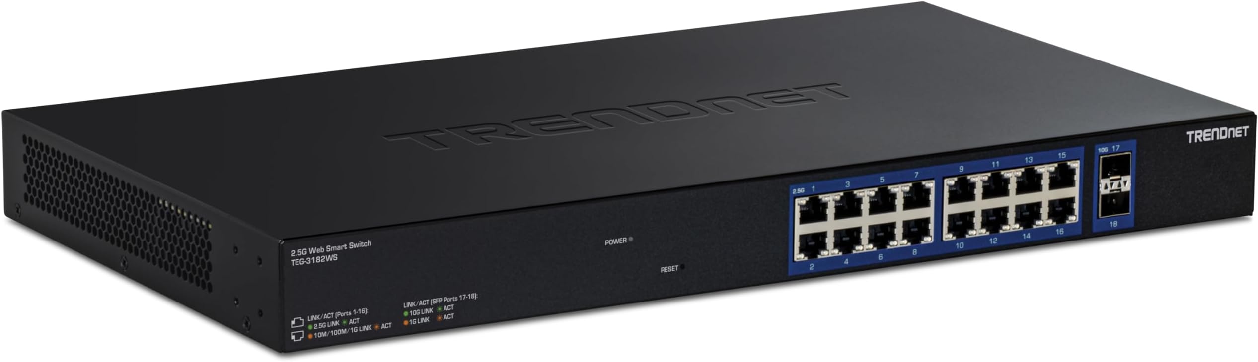 18-Port Multi-Gig Web Smart Switch, TEG-3182WS, 16 x 2.5Gb Ports, 2 x 10Gb SFP+ Ports, NDAA TAA Compliant, Lifetime Protection, Remote Cloud Management, Black