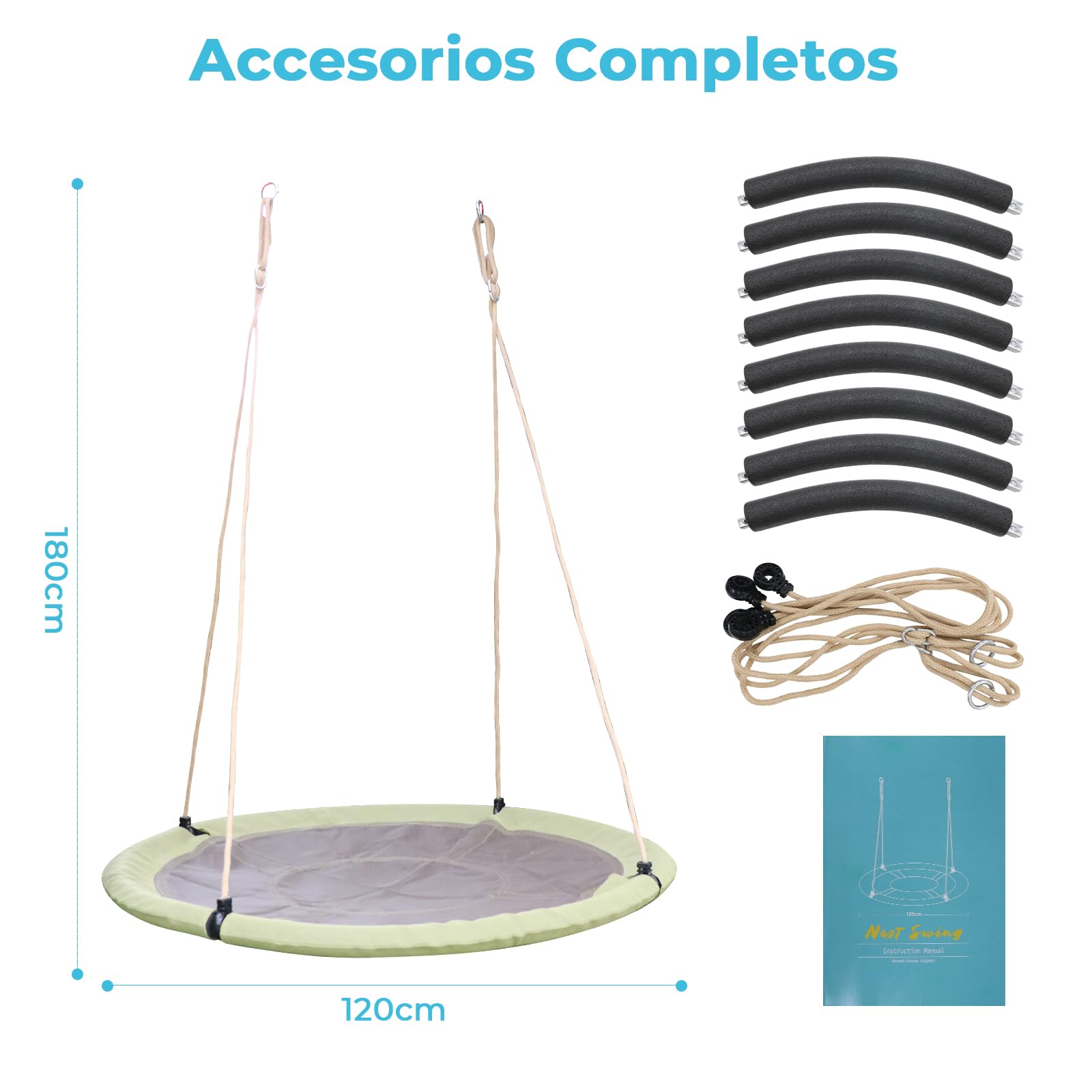 Nido de Columpio para Interior y Exterior, 120cm de Diámetro, Columpio Tipo Plato con Cuerdas Ajustables de 100 a 180cm, hasta 300kg, Resistente a la Intemperie, Columpio para Niños y Adultos