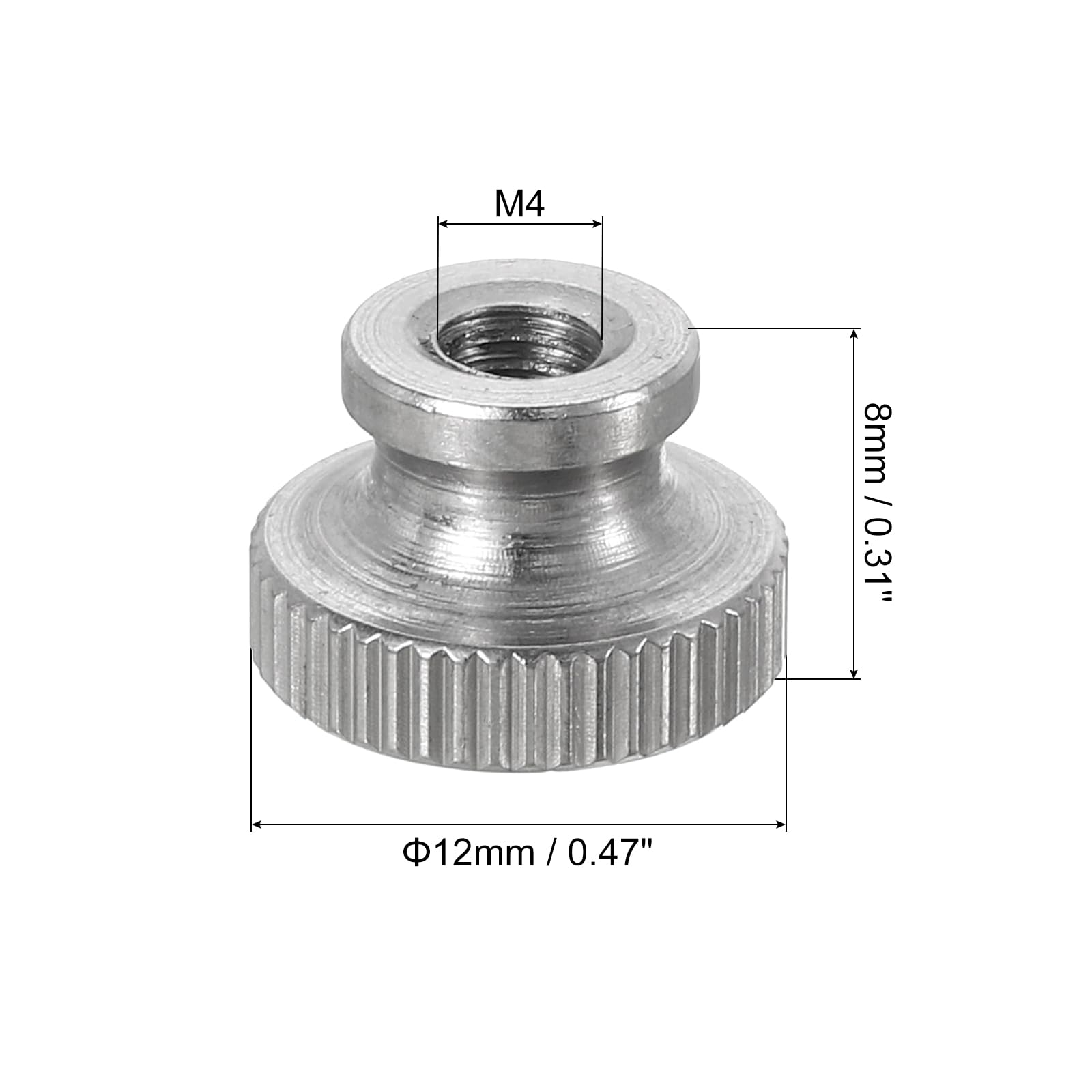 uxcell Knurled Thumb Nuts, 4Pcs M4 x D12mm x H8mm Stainless Steel Round Knobs Fasteners Blind Hole Hand Screw Nut Silver for 3D Printer Parts, Machine Tools