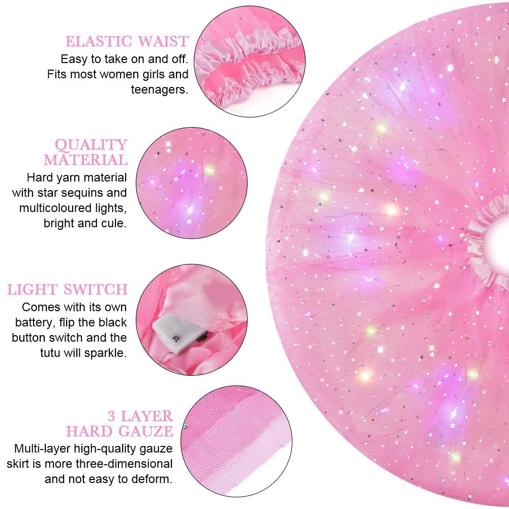 Falda Tutú LED para Mujer con Luz, Tul Adultos, Disfraz Halloween Carnaval, Rosa