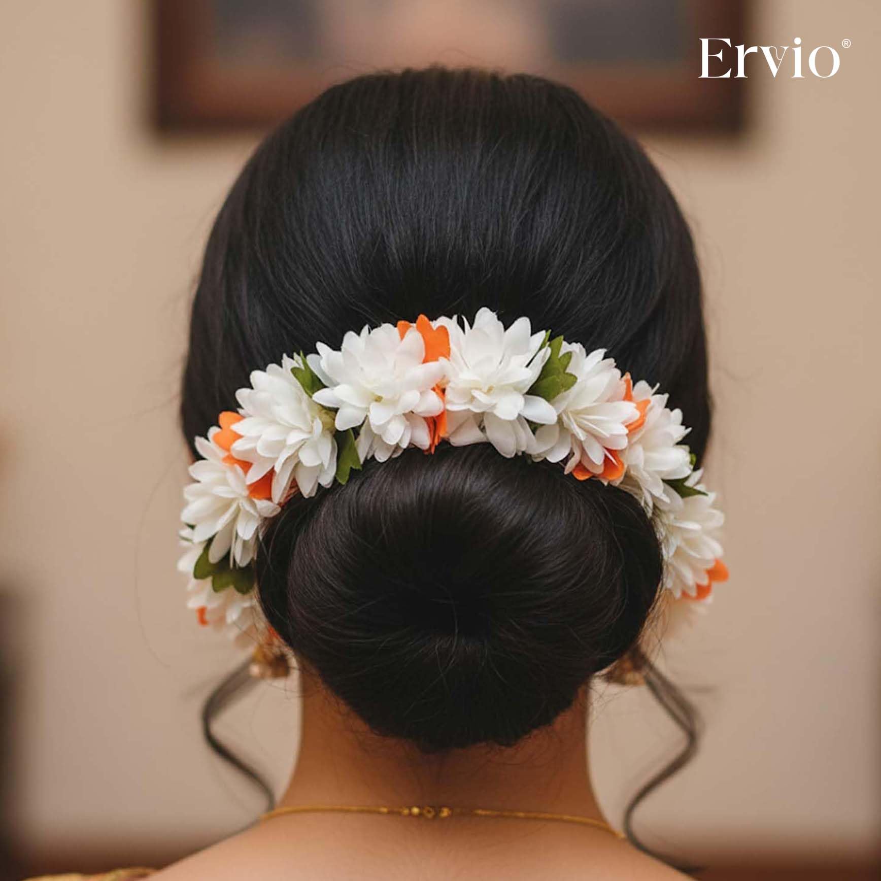 Gozby WellPoint Jasmine Fabric Gajra for Women | Artificial Flower Hair Accessory (White & Orange, 10 Inch) | South Indian Bridal Bun Gajra | Reusable Floral Hair Decoration for Wedding & Festivals 4
