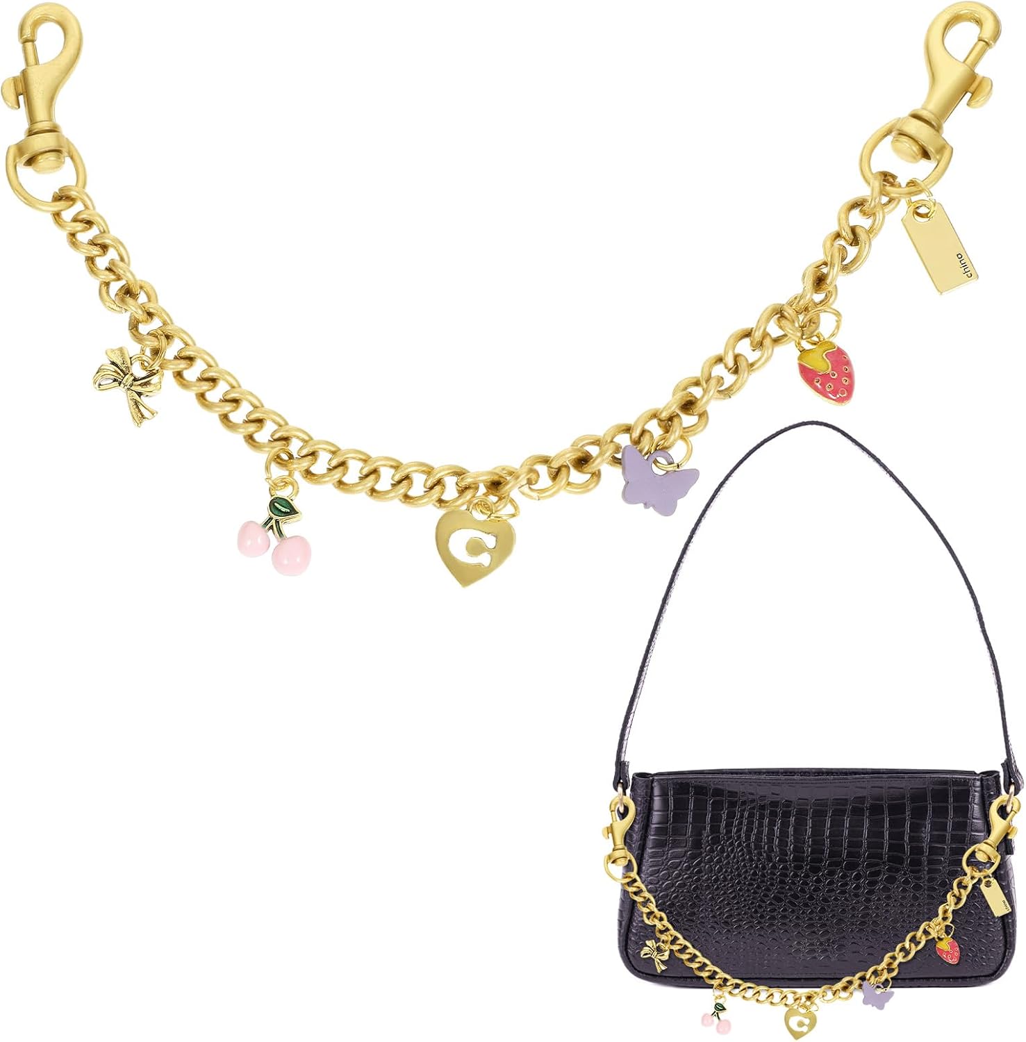 Cherry Charms, Purse Extender Chain, Two Point Bag Charm Chain with Lobster Clasp, Butterfly Purse Chains, Purse Chain Charm, Purse Accessories for Women (Antique Gold)
