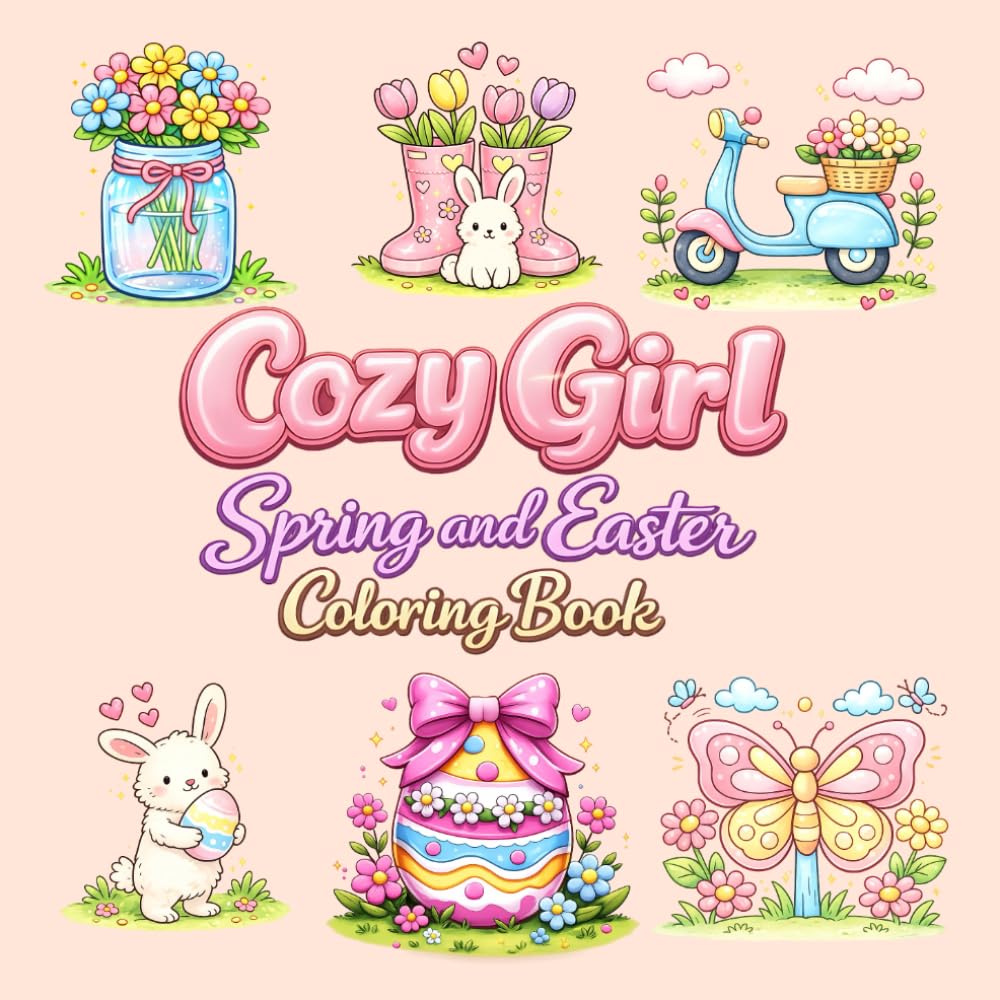 Cozy Girl Spring & Easter Coloring Book: +50 Bold & Easy Cute Springtime Designs with Flowers, Bunnies, and Cozy Scenes for Relaxation and Stress Relief for Adults and Teens