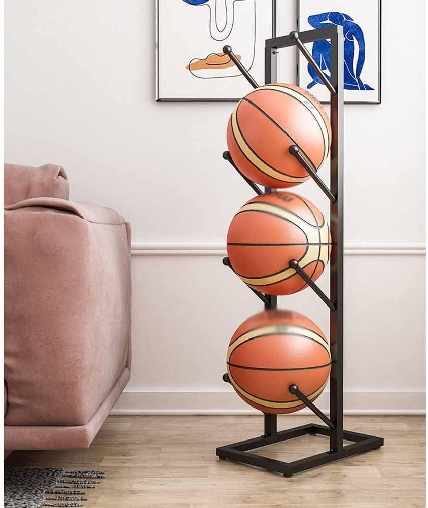 Heavy-Duty Metal Sports Ball Storage Rack - Ideal Basketball Organizer for Gym, Garage & Indoor Use - Durable Sports Equipment Holder (Black, 40x25x115cm)
