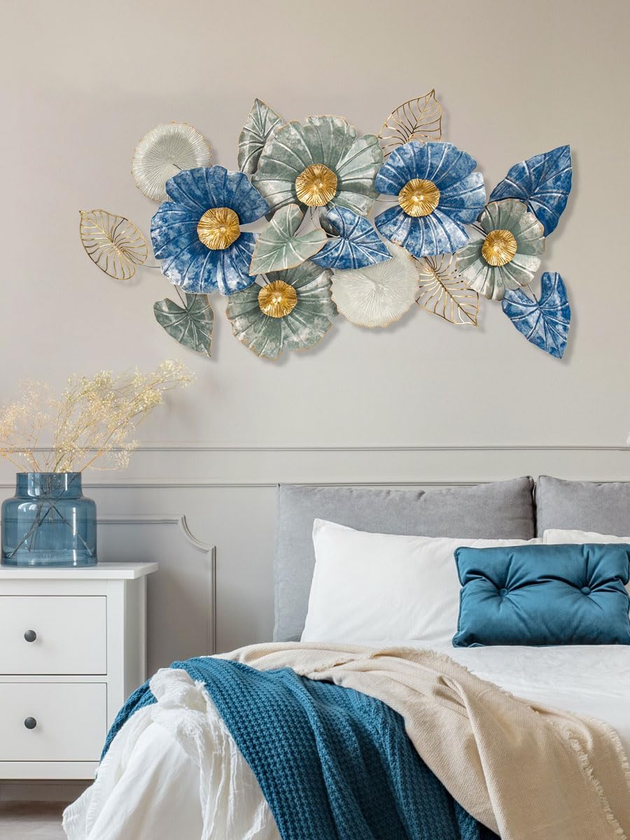 45" Large Metal Wall Art Decor, Floral Blue Wall Decor Art Wall Hanging Decorations for Home Office Dining Room Bedroom Kitchen Living Room, White and Gold Wall Sculptures Modern Accent, Long Iron Metal Art