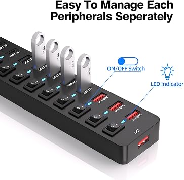 Powered USB Hub, VKUSRA 11-Port USB 3.2/USB C Hub with 10Gbps USB A and 2 USB C 3.2 Data Ports + 4 USB 3.0 Ports + 4 Charging Ports, All in One USB Splitter with 3.9ft USB Cable and 12V Power Supply