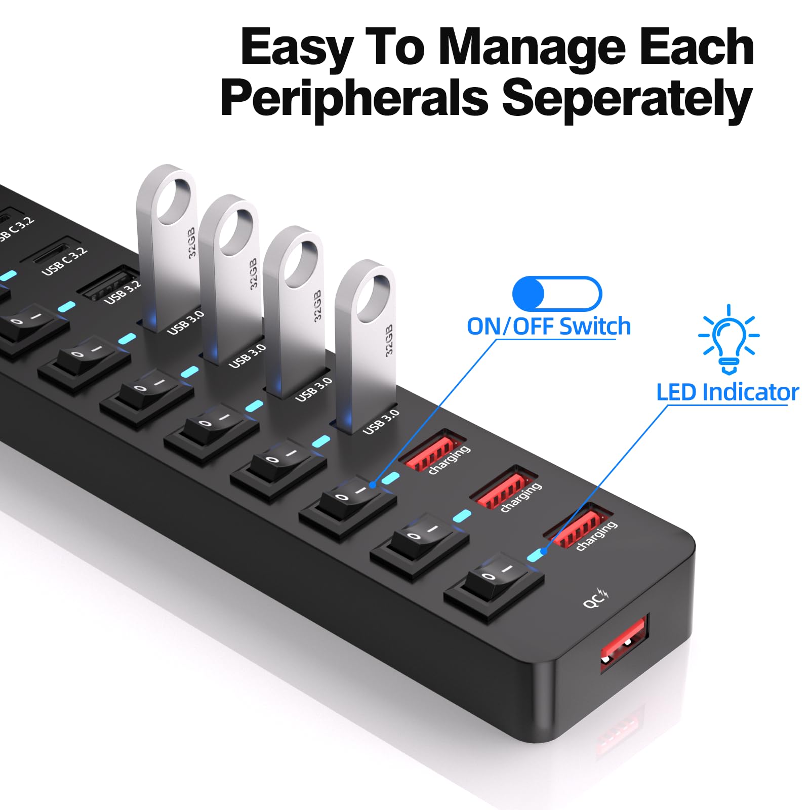 Hub USB 3.2 avec 11 Ports à 10 Gbps - A/C, 4 Ports de Charge Rapide 3.0 - Câble 2-en-1 120 cm et Adaptateur Secteur 48W