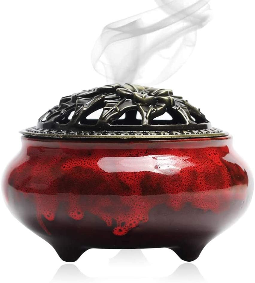 Incense Burner 3 in 1 Ceramic Stick Incense Cone Coil Incense Holder with Brass lid for Home Decor Yoga Spa Meditation (Red)