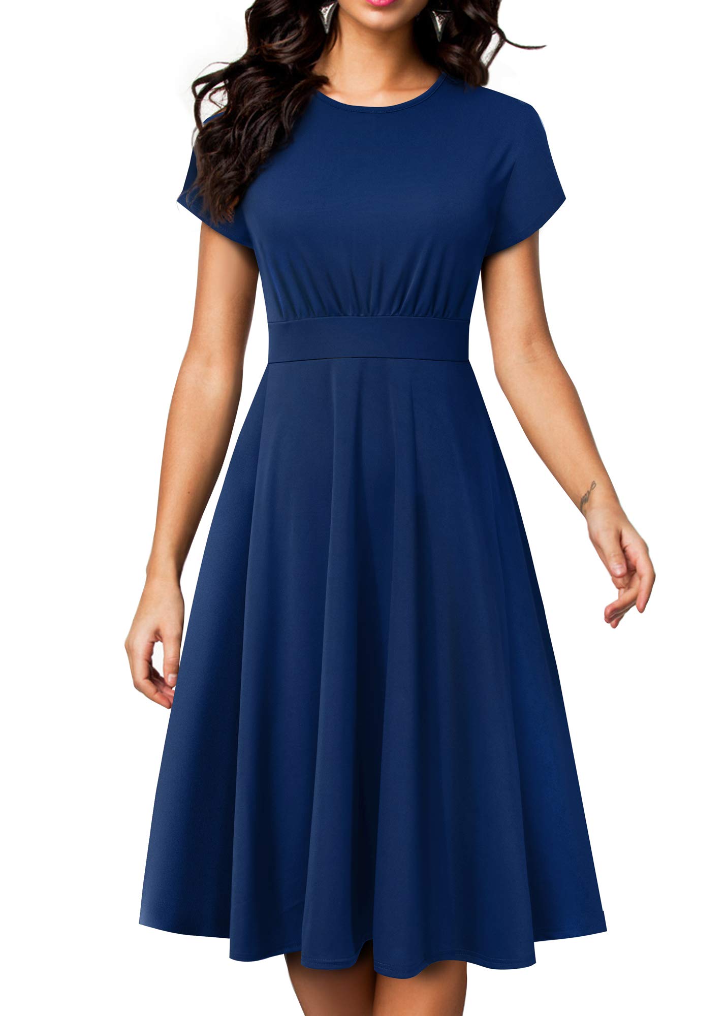 HOMEYEEWomen's Vintage Short Sleeve Floral Casual Aline Midi Dress EA102