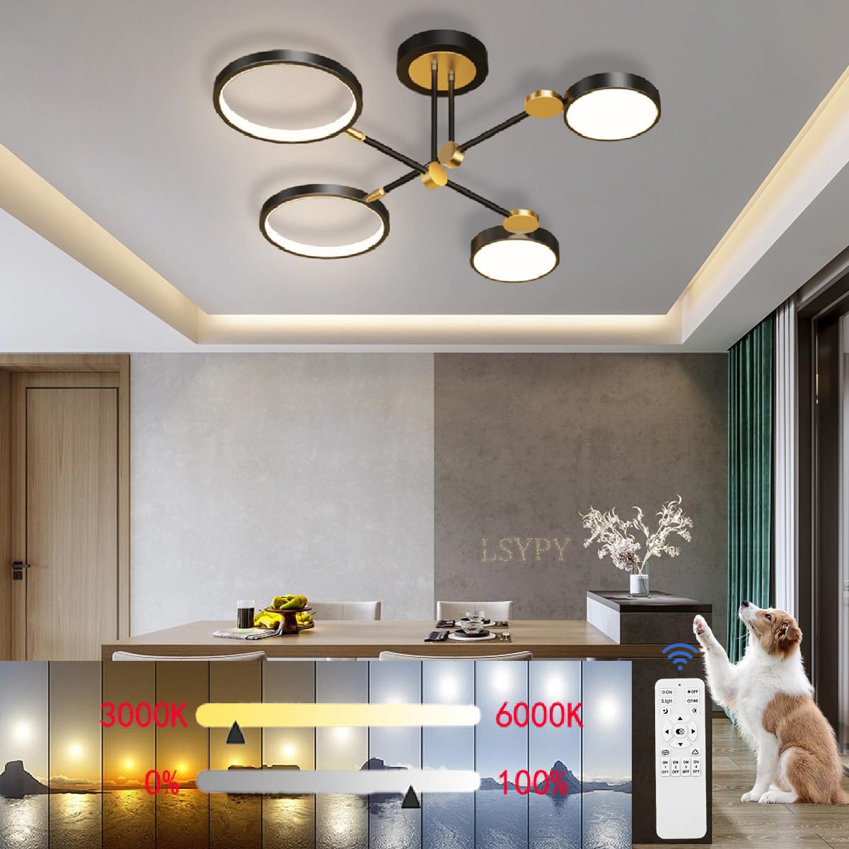 LSYPY LED Deckenleuchte Wohnzimmer, Deckenlampe Dimmbar Schlafzimmerlampe Gold mit Fernbedienung Modern Wohnzimmerlampe für Schlafzimmer Esszimmer Küche Flur Kinderzimmer (Schwarz, L75CM)